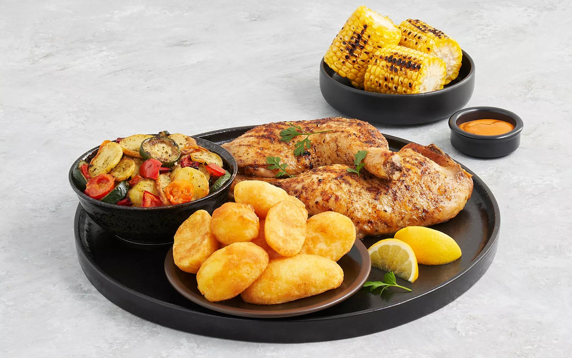 Crispy Duck Fat Potatoes with BBQ Chicken and Sides