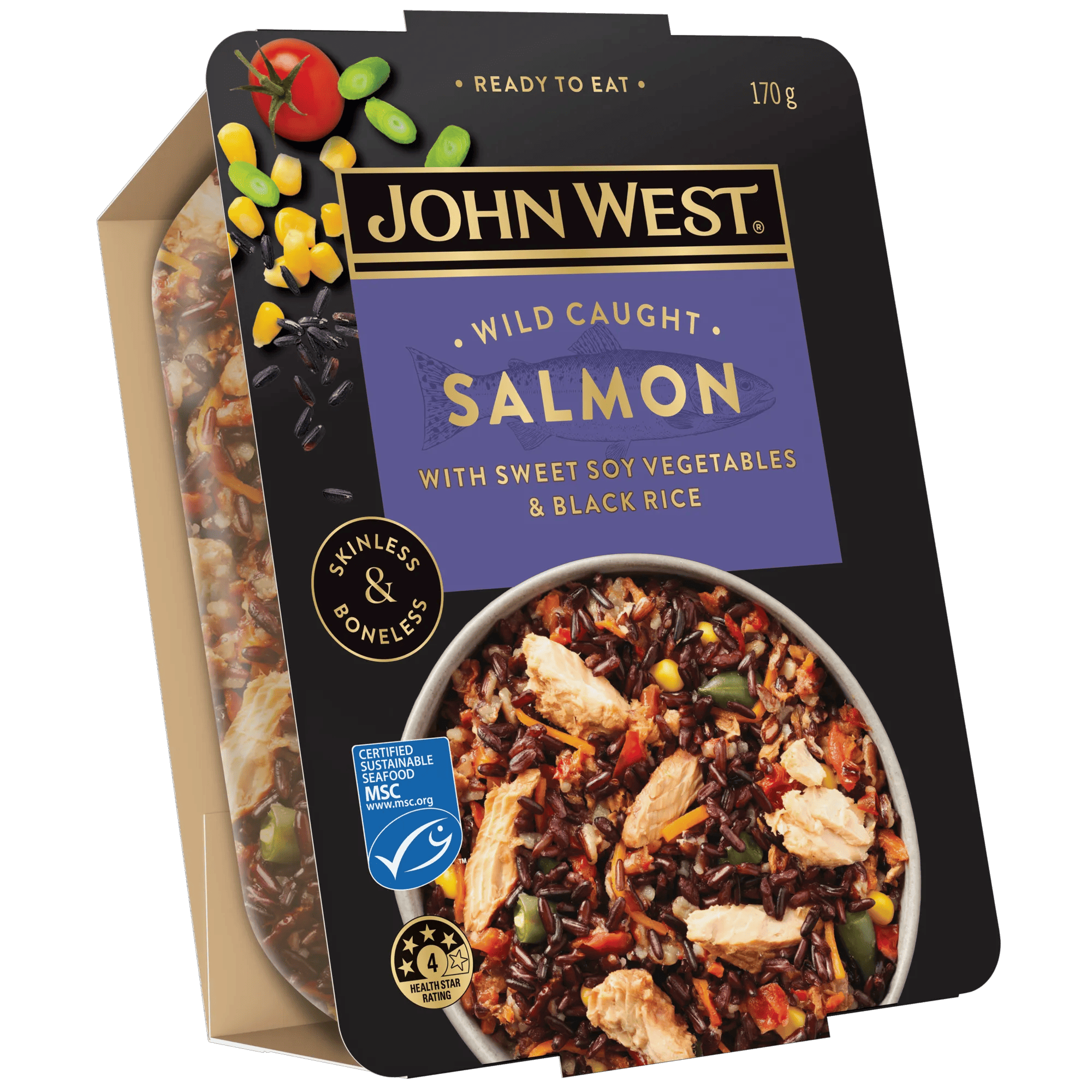 John West Salmon Bowl with Sweet Soy Vegetables and Black Rice 170g, Tub