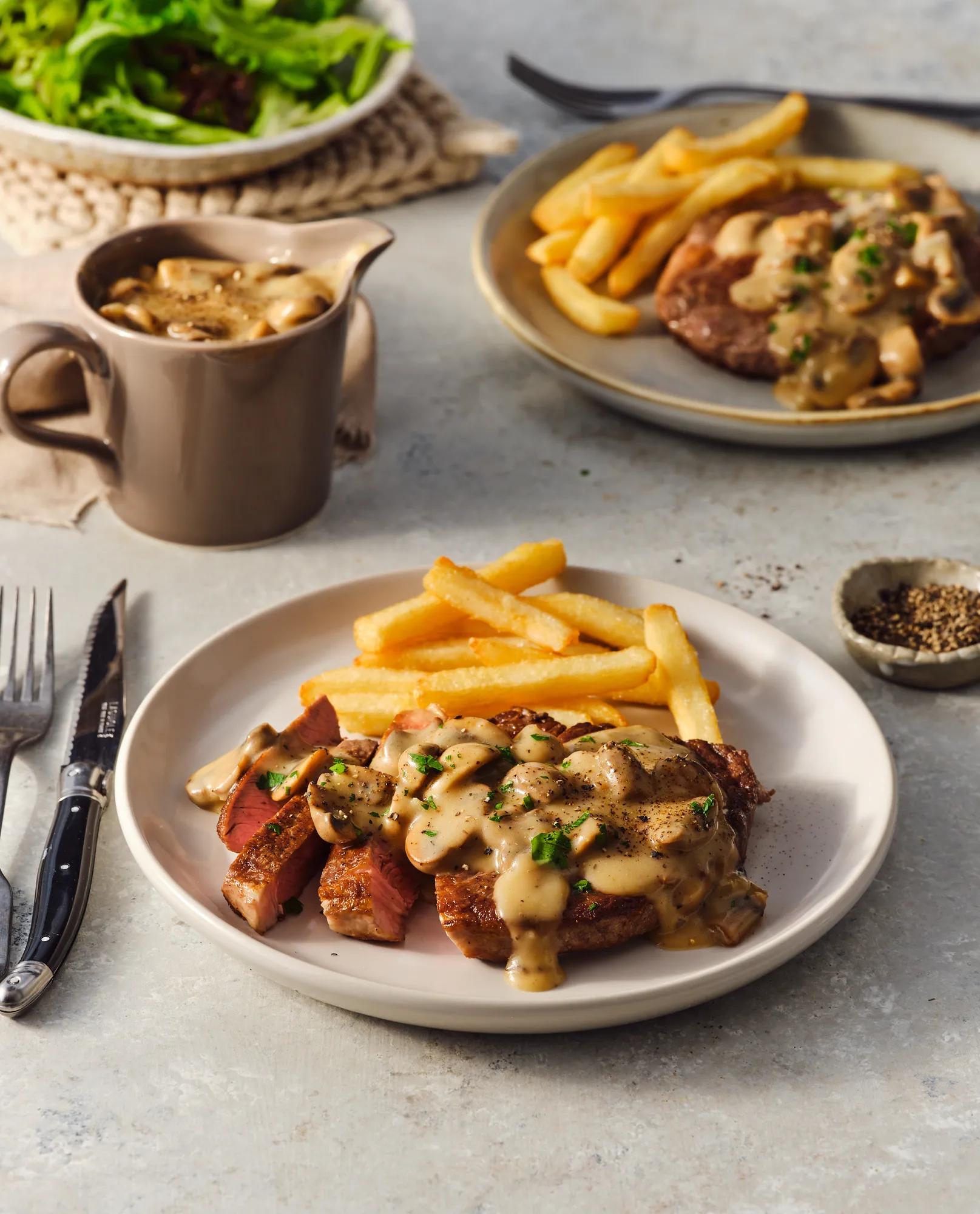 Steak with Pecorino and Mushroom Sauce