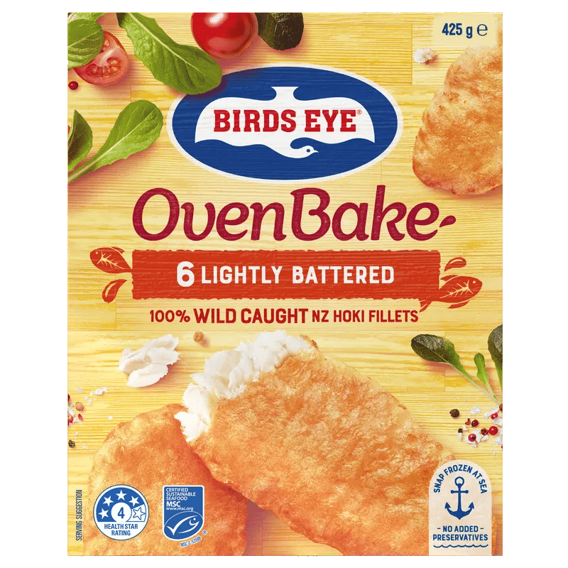Birds Eye Oven Bake Lightly Battered Hoki Fillets 425 Grams Boxed