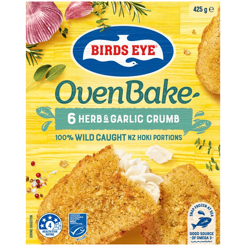Birds Eye Oven Bake Herb and Garlic Crumb Hoki 425 Grams Boxed