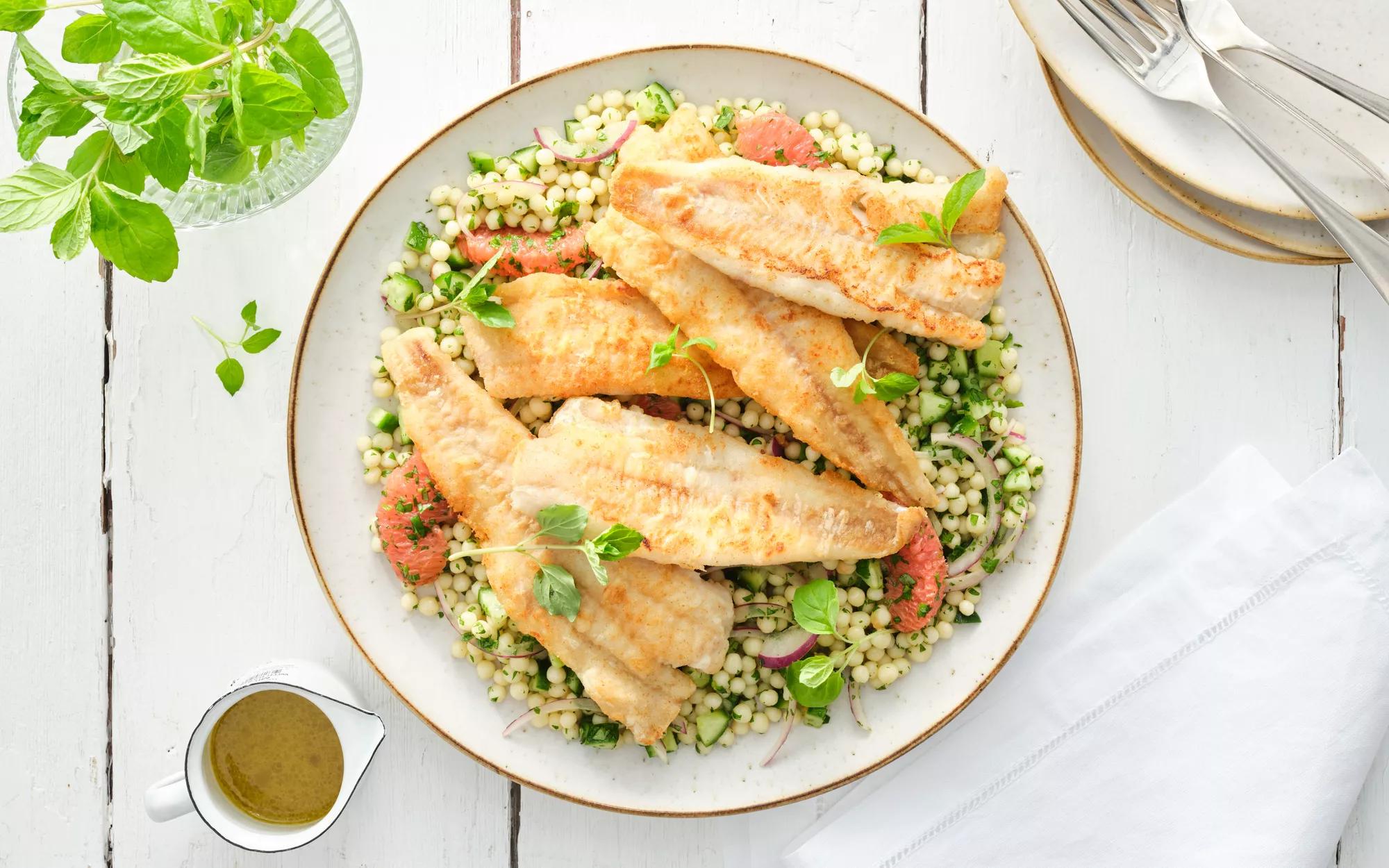 Whiting with Ruby Grapefruit Pearl Couscous