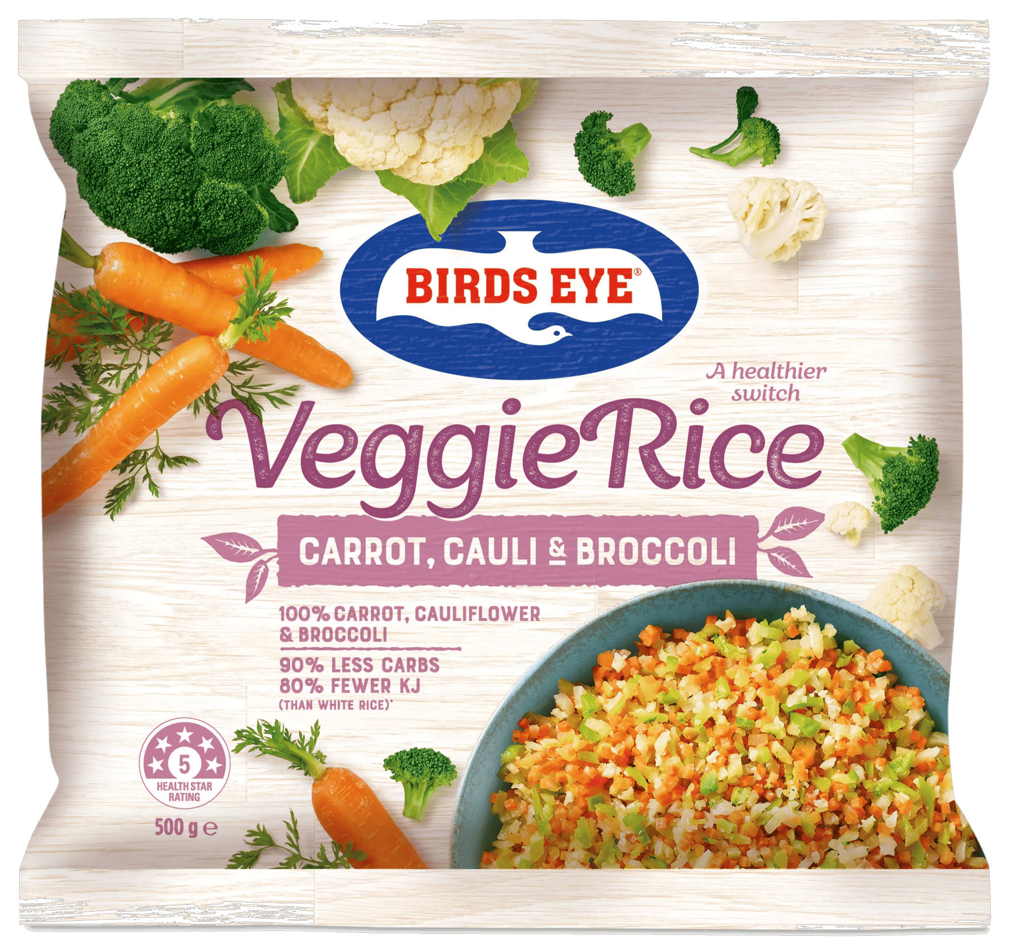 Birds Eye Carrot Cauliflower and Broccoli Veggie Rice 500 Grams Bagged