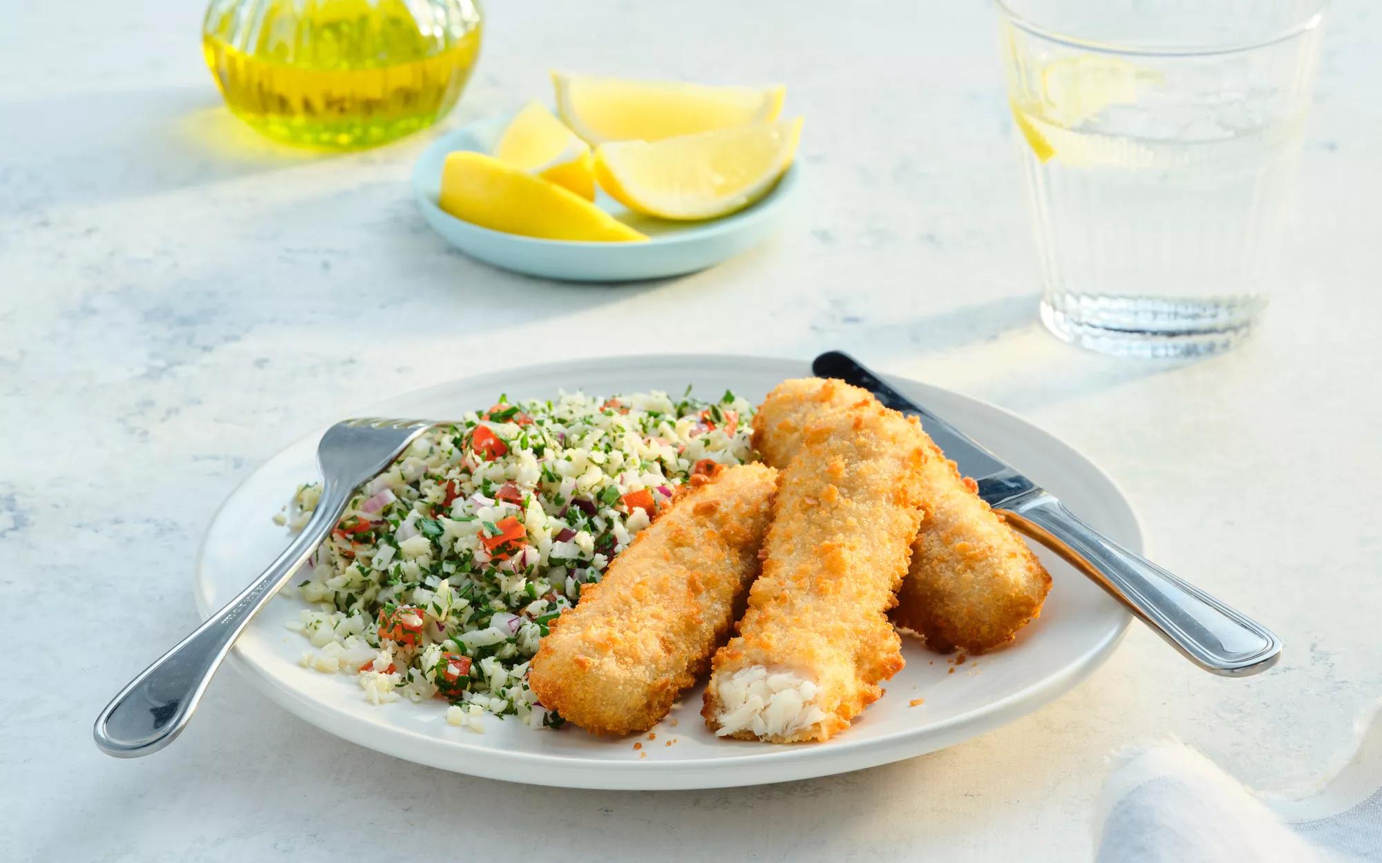 Crumbed Snapper with Cauliflower Tabbouleh Birdseye