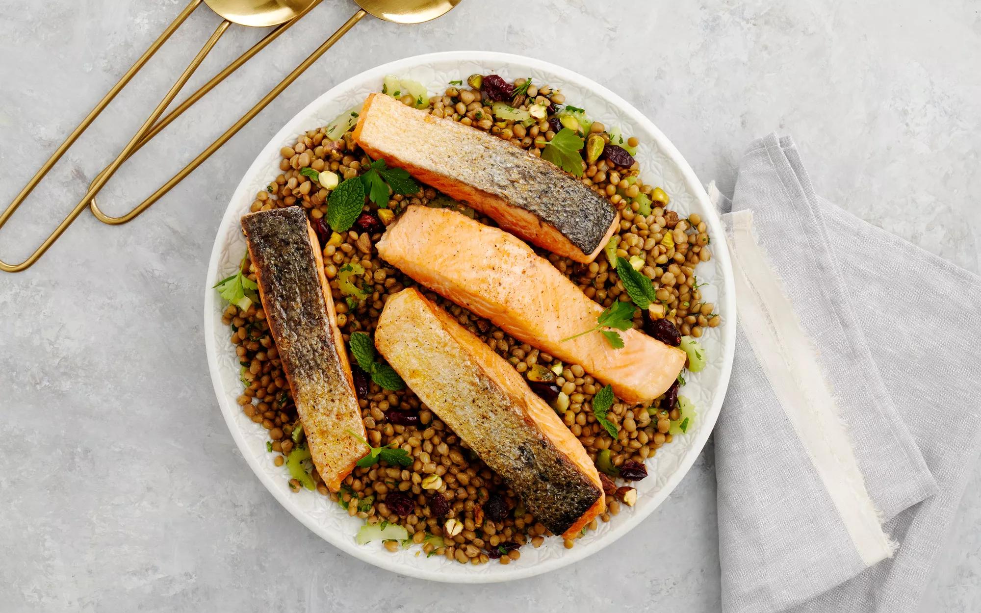 Crispy Skin Salmon with Lentil Herb Salad