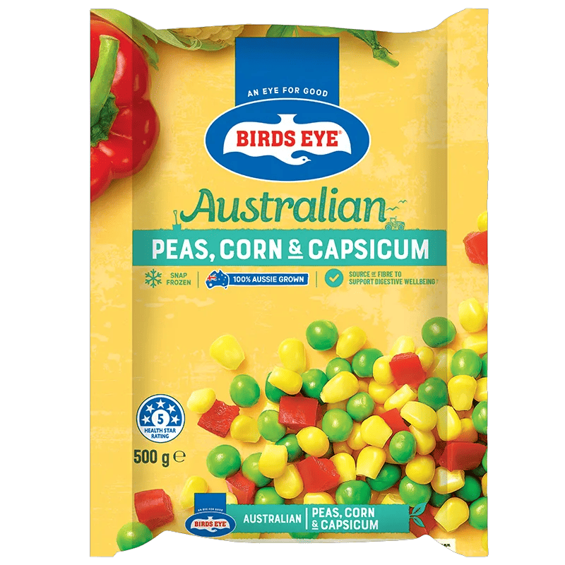 Birds Eye Snap Frozen Peas Corn and Capsicum 500 Grams Bagged