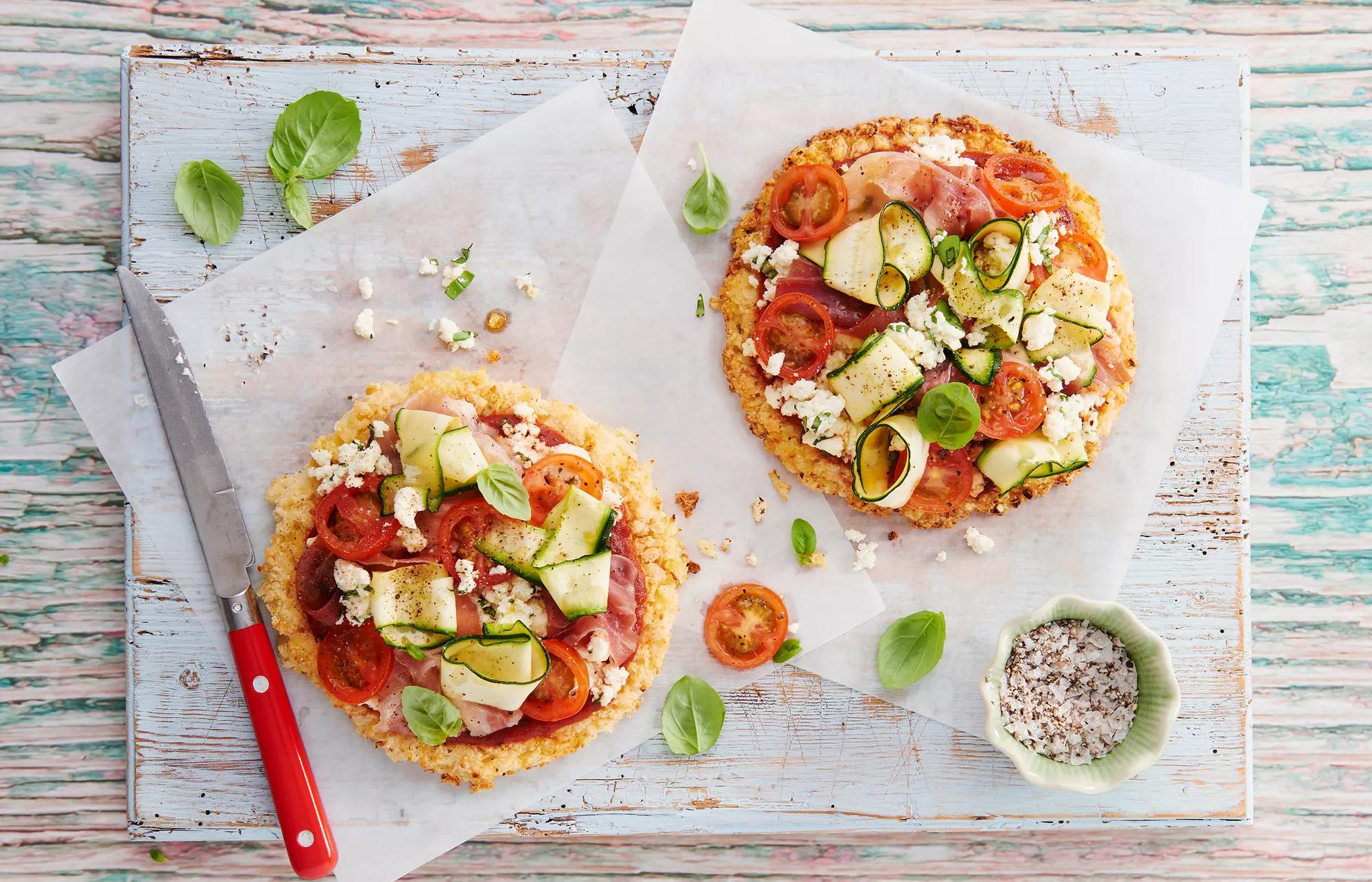 Cauliflower Crust Pizzas With Ricotta, Basil & Prosciutto