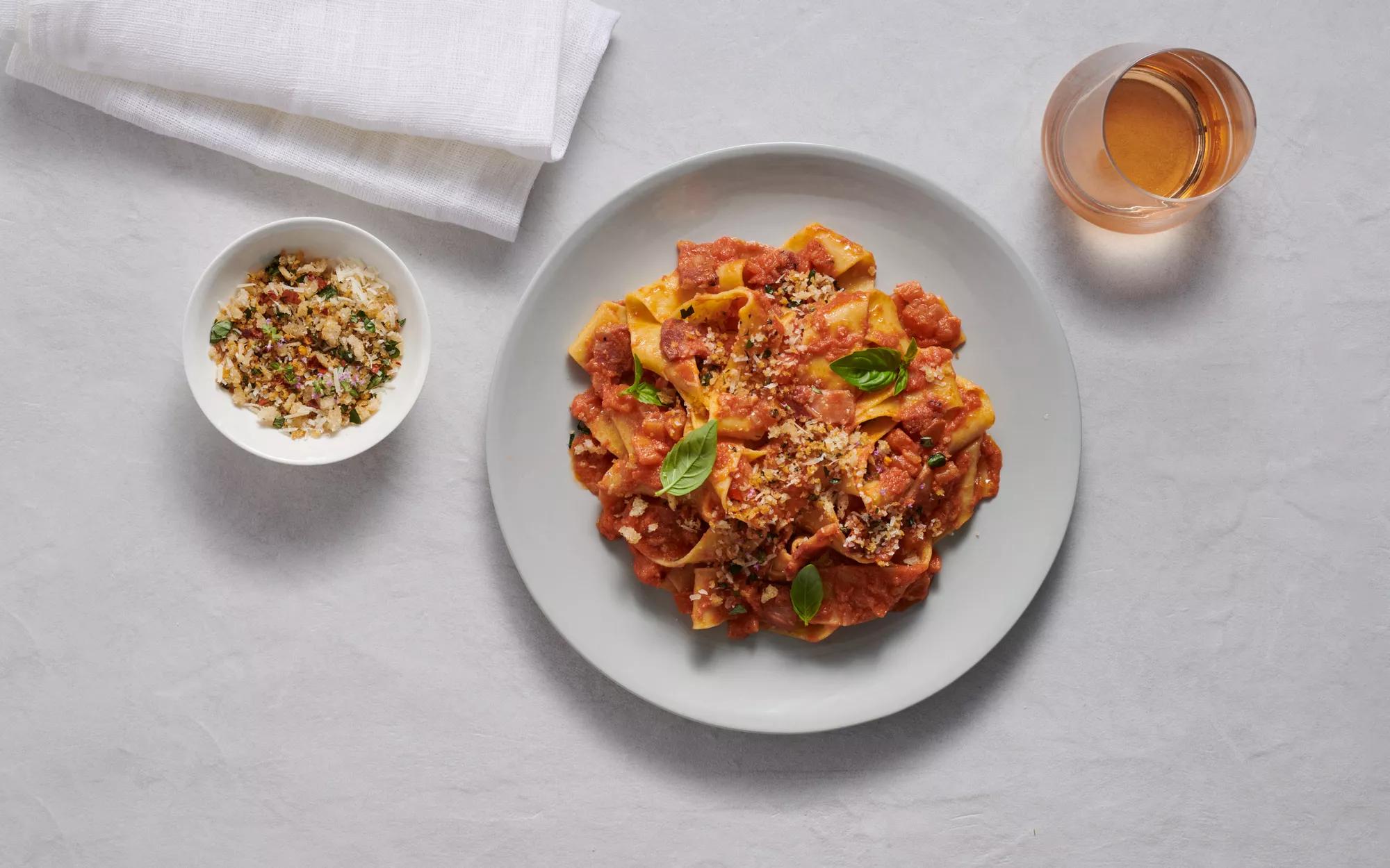Pancetta, Tomato & Pecorino Pappardelle With Herb Pangratatto