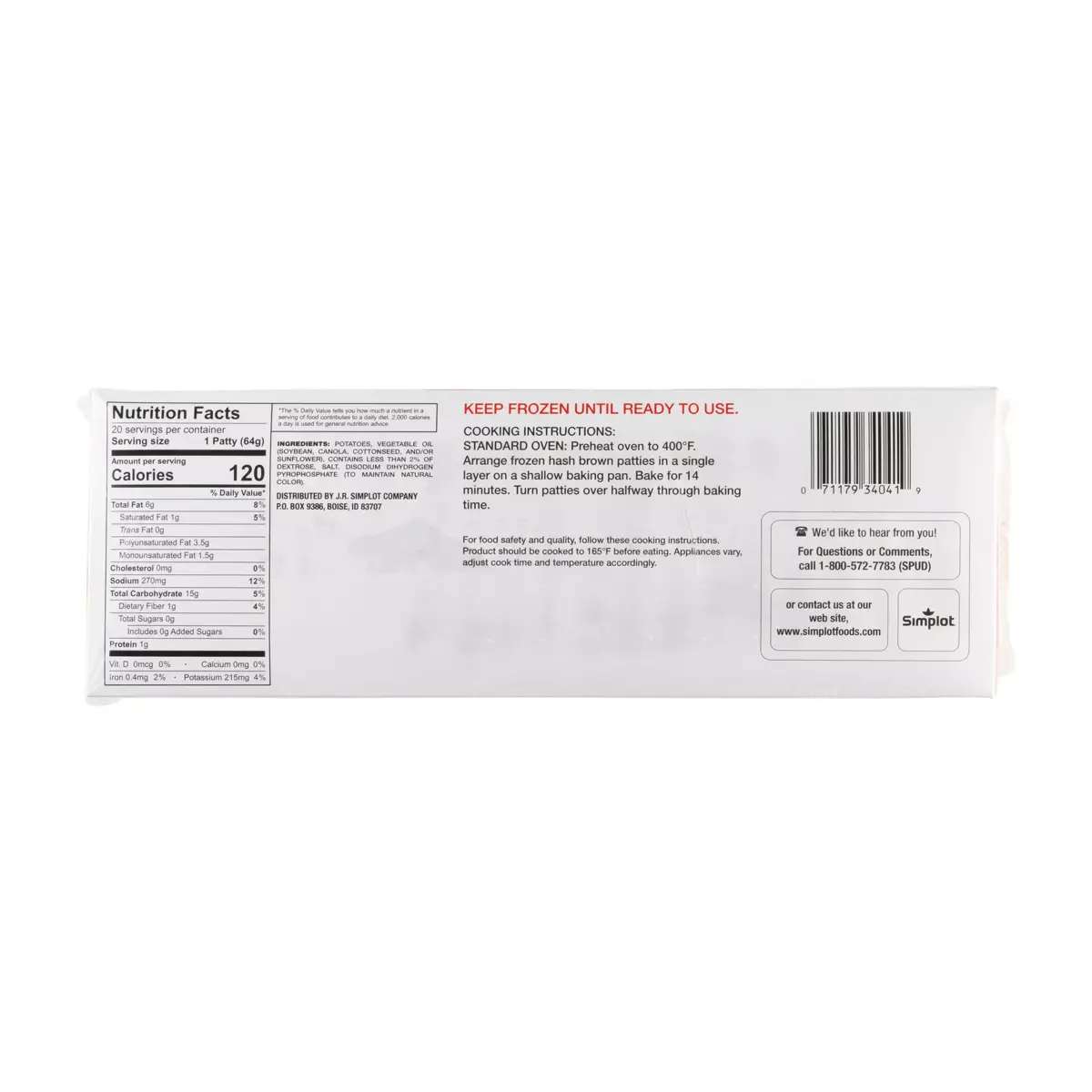 Simplot Traditional™ Potatoes Hash Brown Patties, Back Innerpack