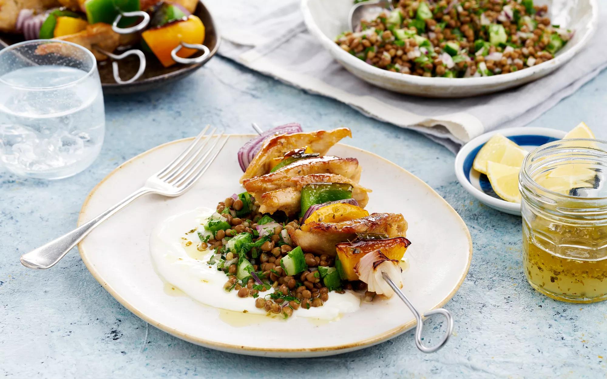 Greek Style Kebabs With Lentil Salad