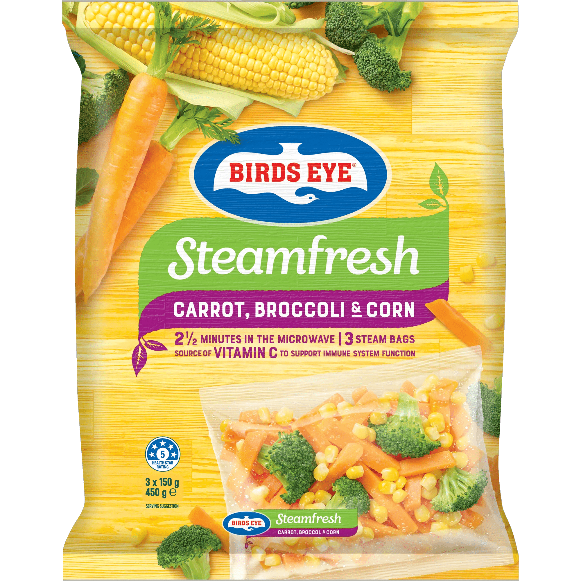 Birds Eye Steamfresh Frozen Carrot Broccoli and Corn 450 grams bagged