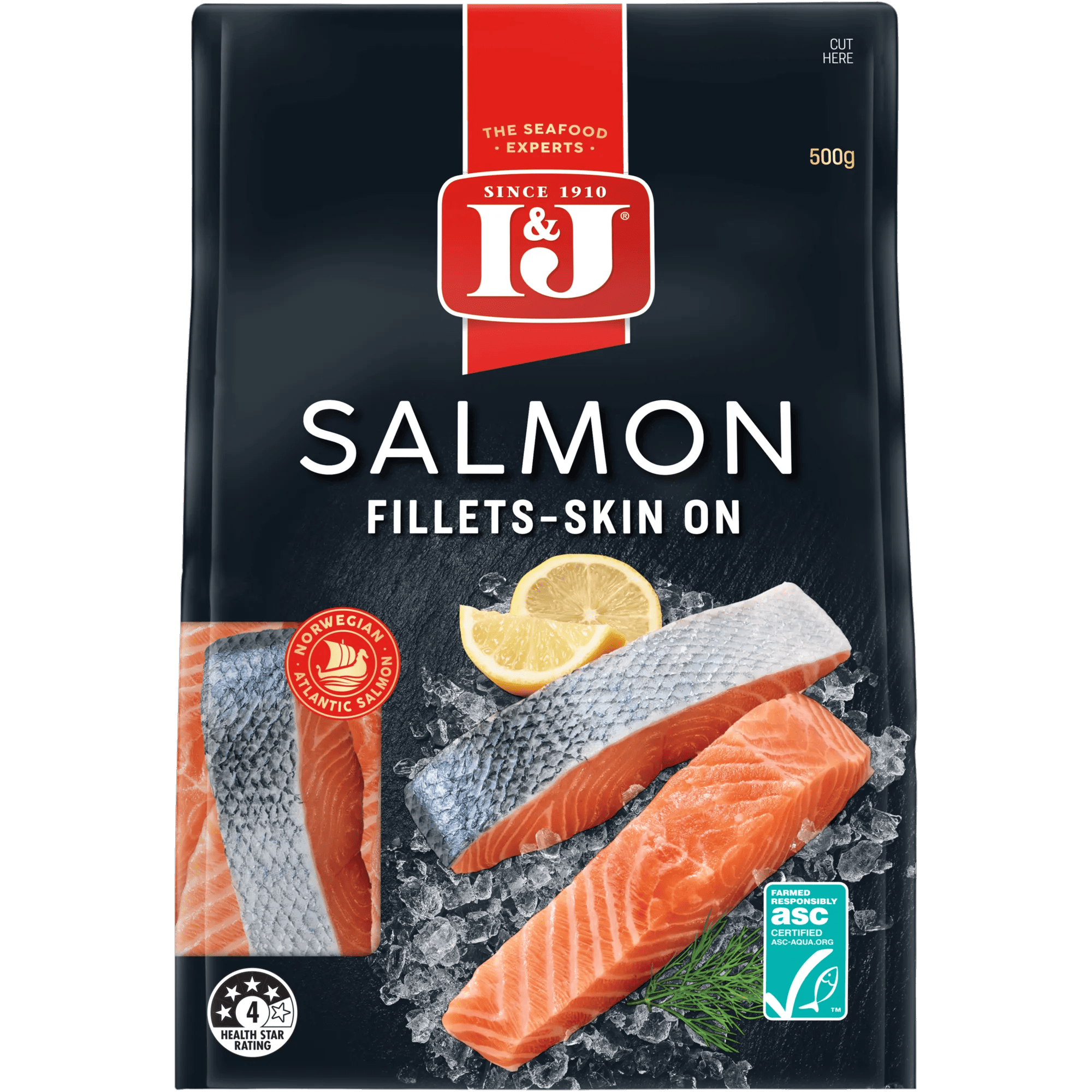 I and J Salmon Fillets Skin On 500g, Bag