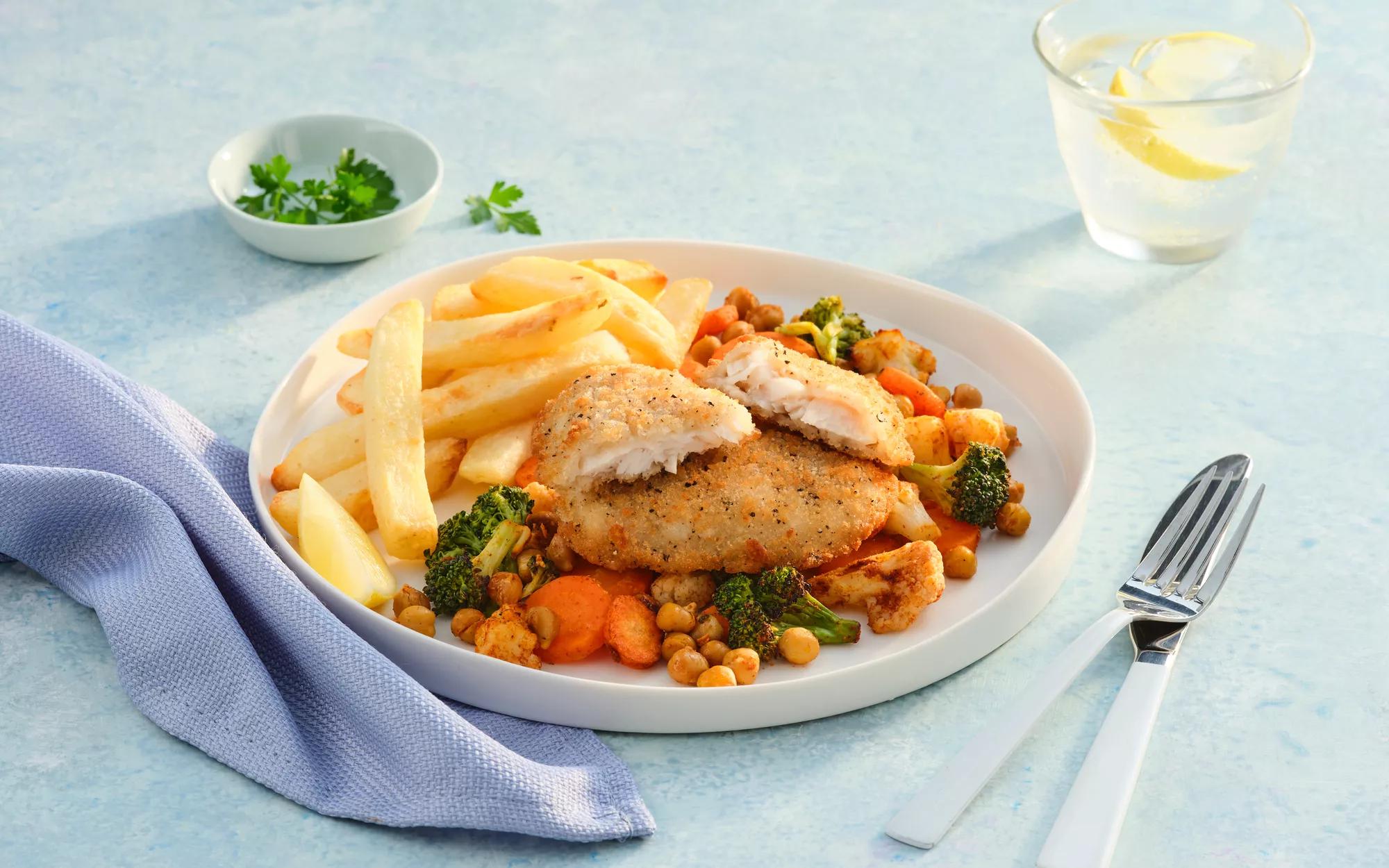 Fish, Chips and Paprika Veggies