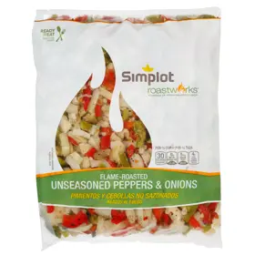 Simplot RoastWorks® Combinación de pimientos y cebollas sin condimentar rostizados a la llama RTE, Frente del paquete