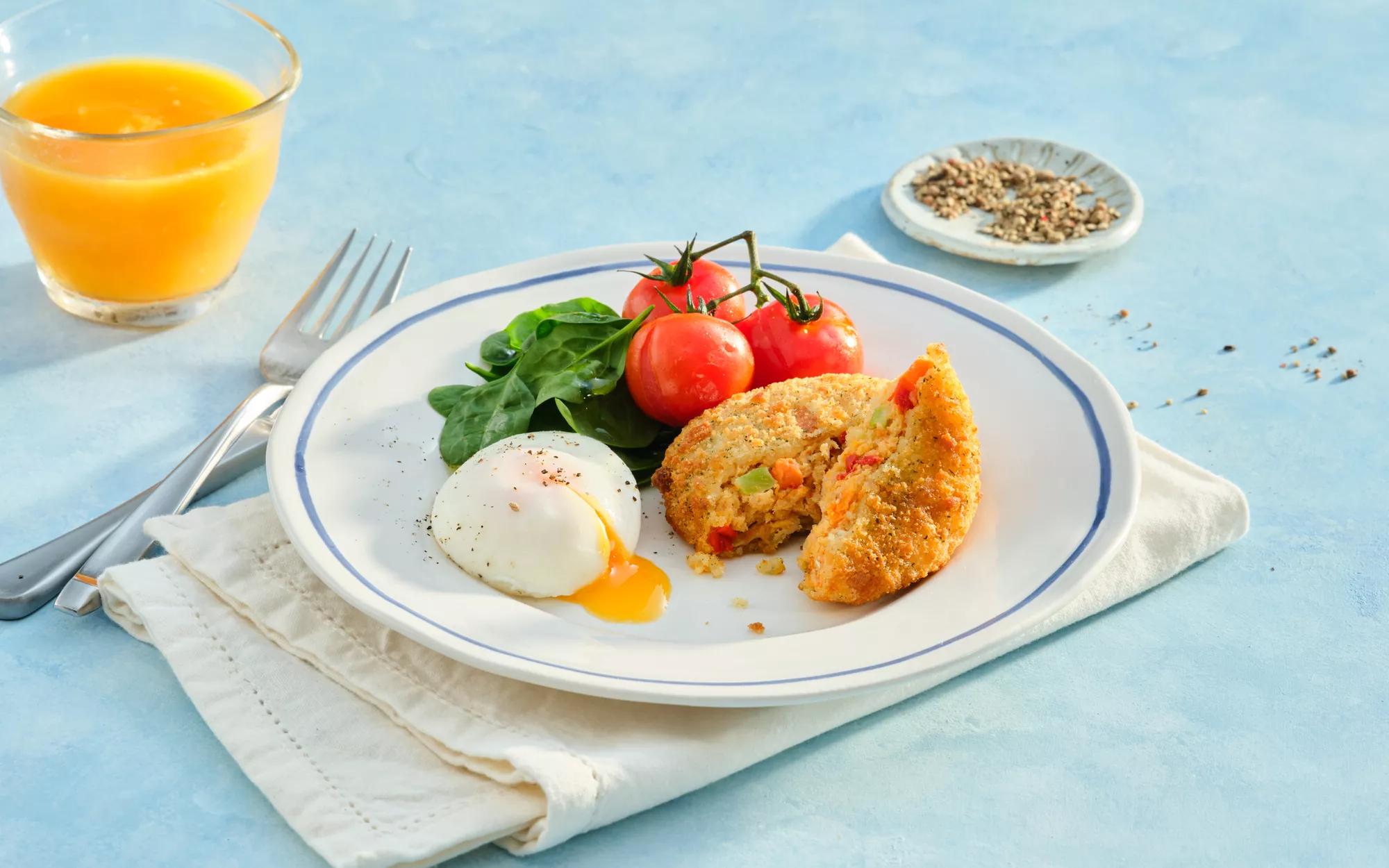 Salmon Cakes with Poached Egg, Tomatoes and Spinach