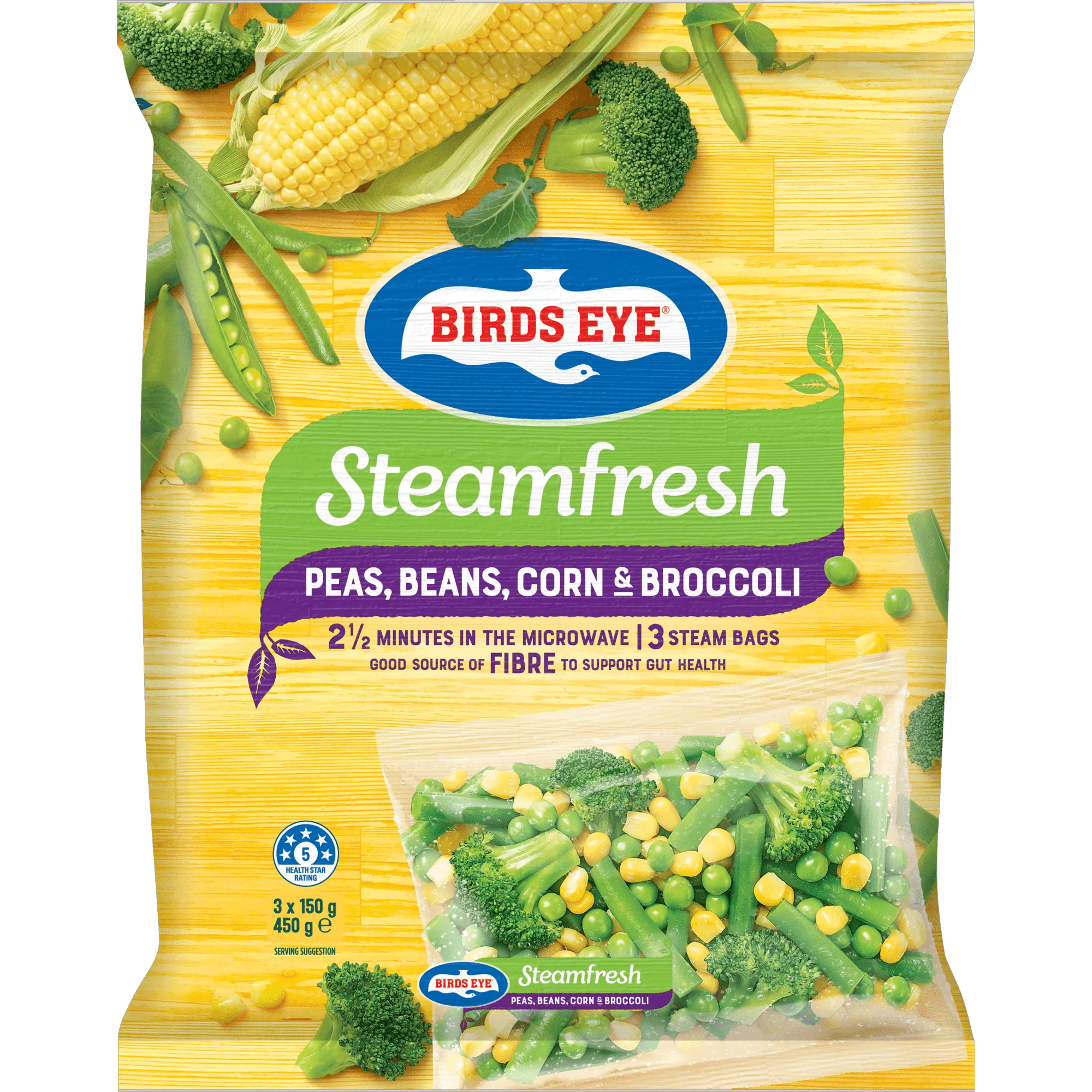 Birds Eye Steam fresh Peas Beans Corn and Broccoli 450 grams bagged
