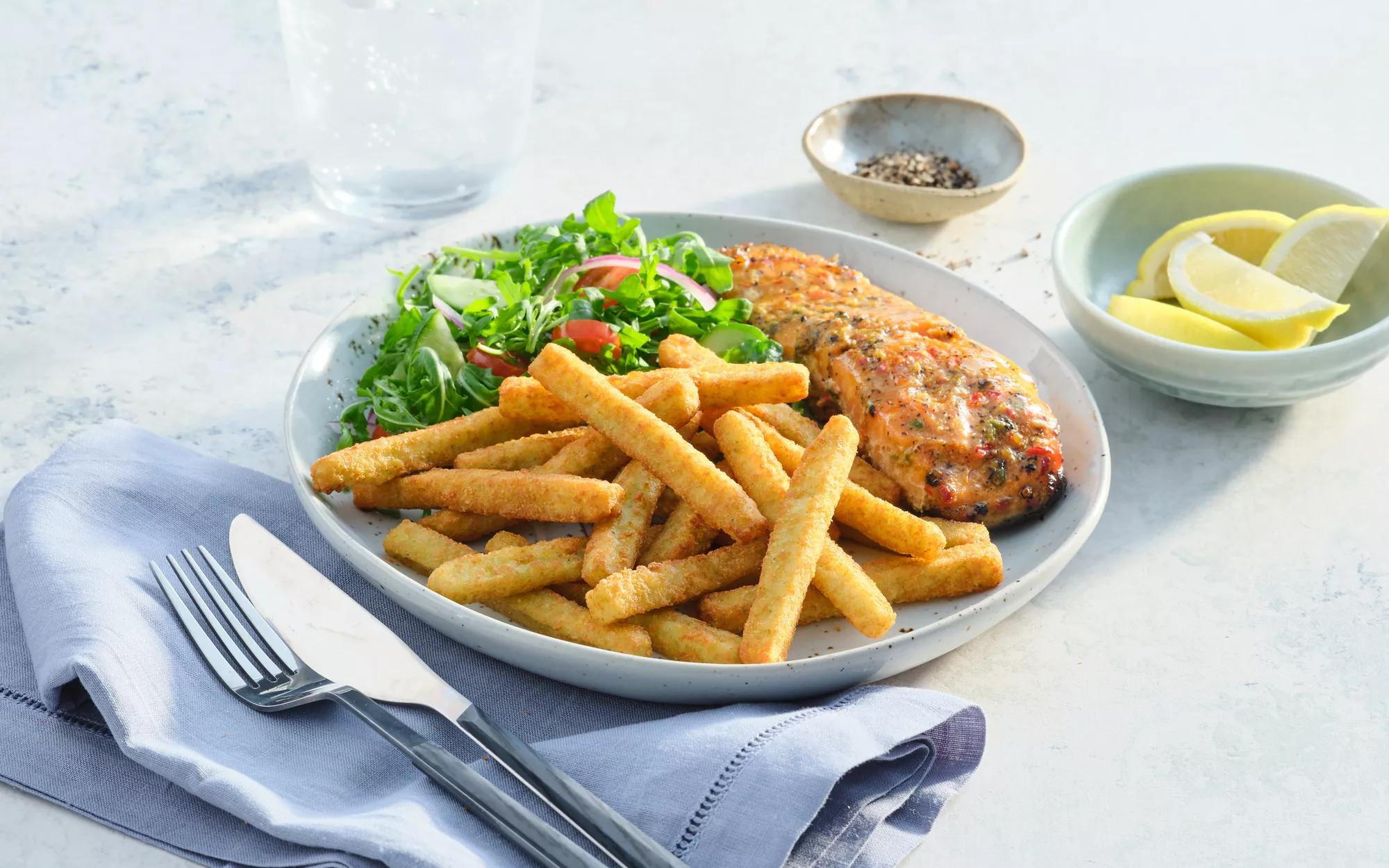 Veggie Chips, Salmon and Salad