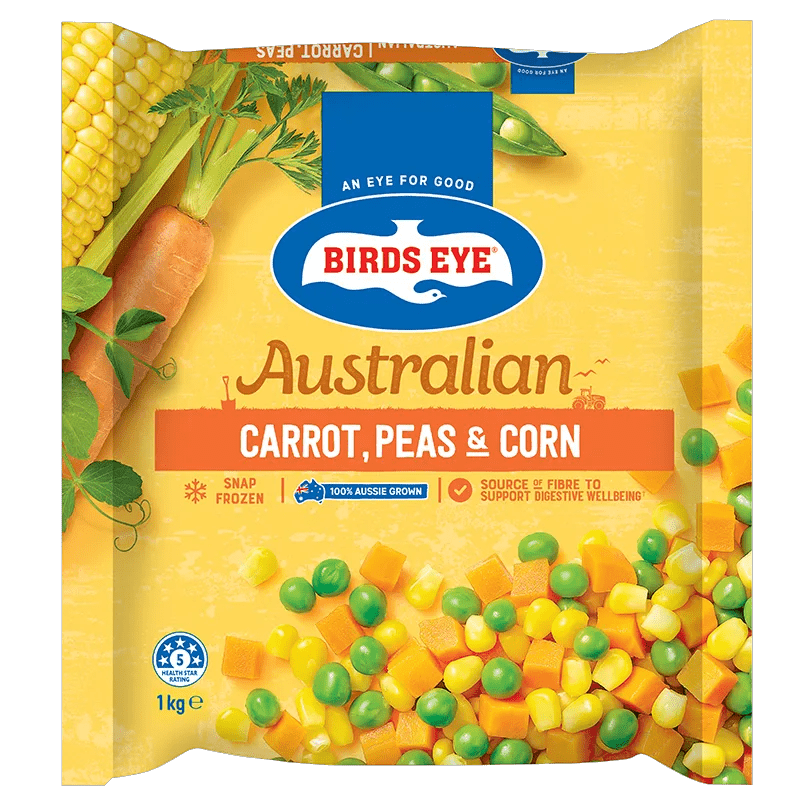 Birds Eye Snap Frozen Carrot Peas and Corn Frozen Veg 1 Kilogram Bagged