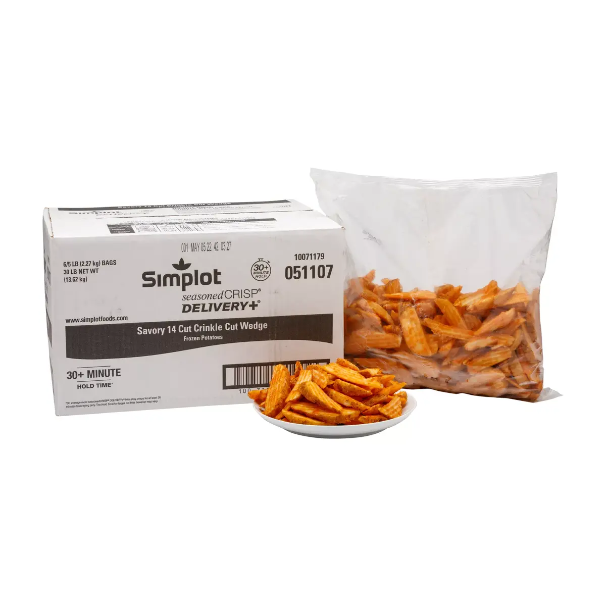 Simplot SeasonedCRISP® Delivery+® Savory Battered 14 Cut Crinkle Cut Wedges, Skin On, Styled