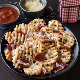 Simplot Bent Arm Ale® Fries Beer-battered Lattice Cut Fries, Skin On, In Use