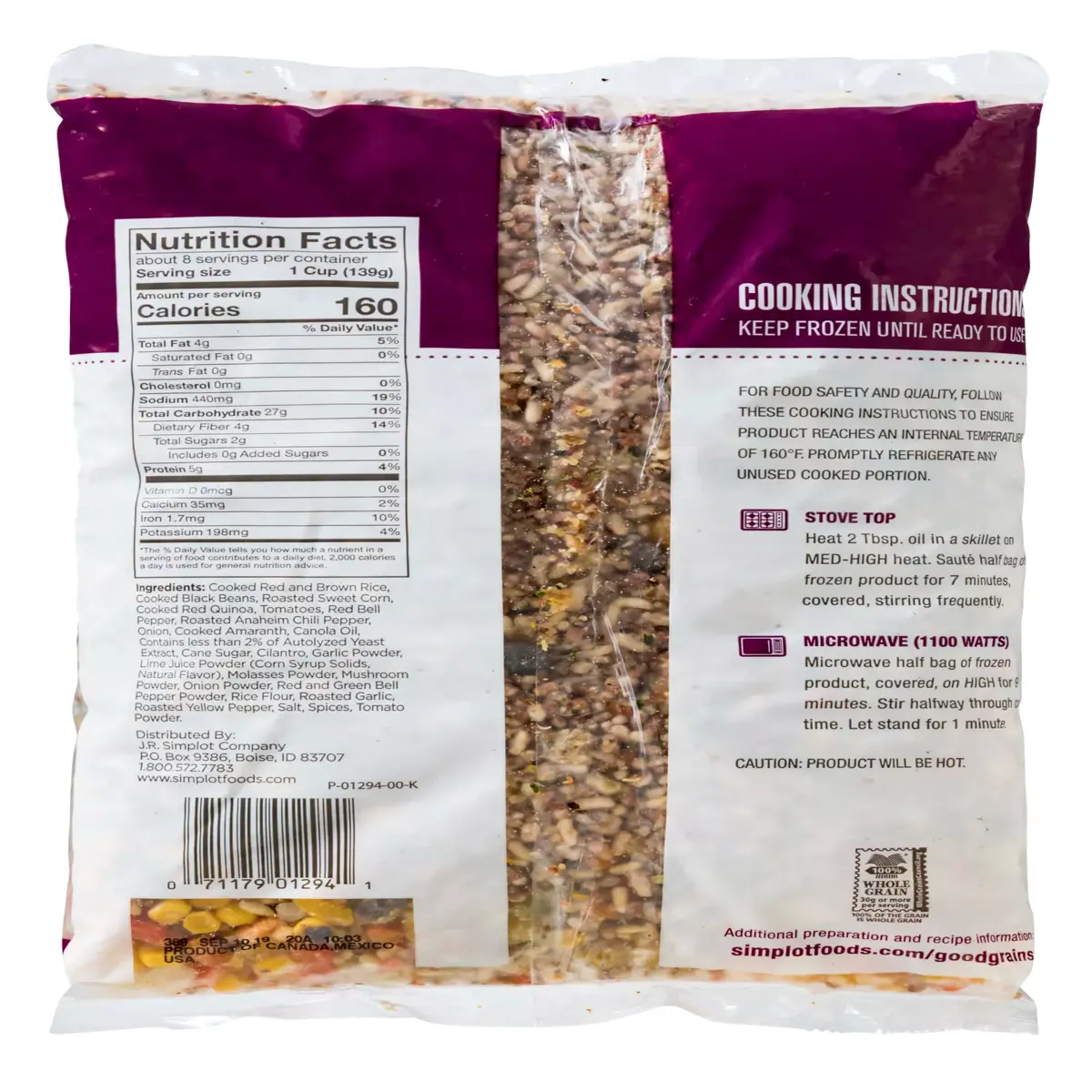 Simplot Good Grains™ Exotic Grains & Fire-Roasted Vegetable Blend, Back Innerpack