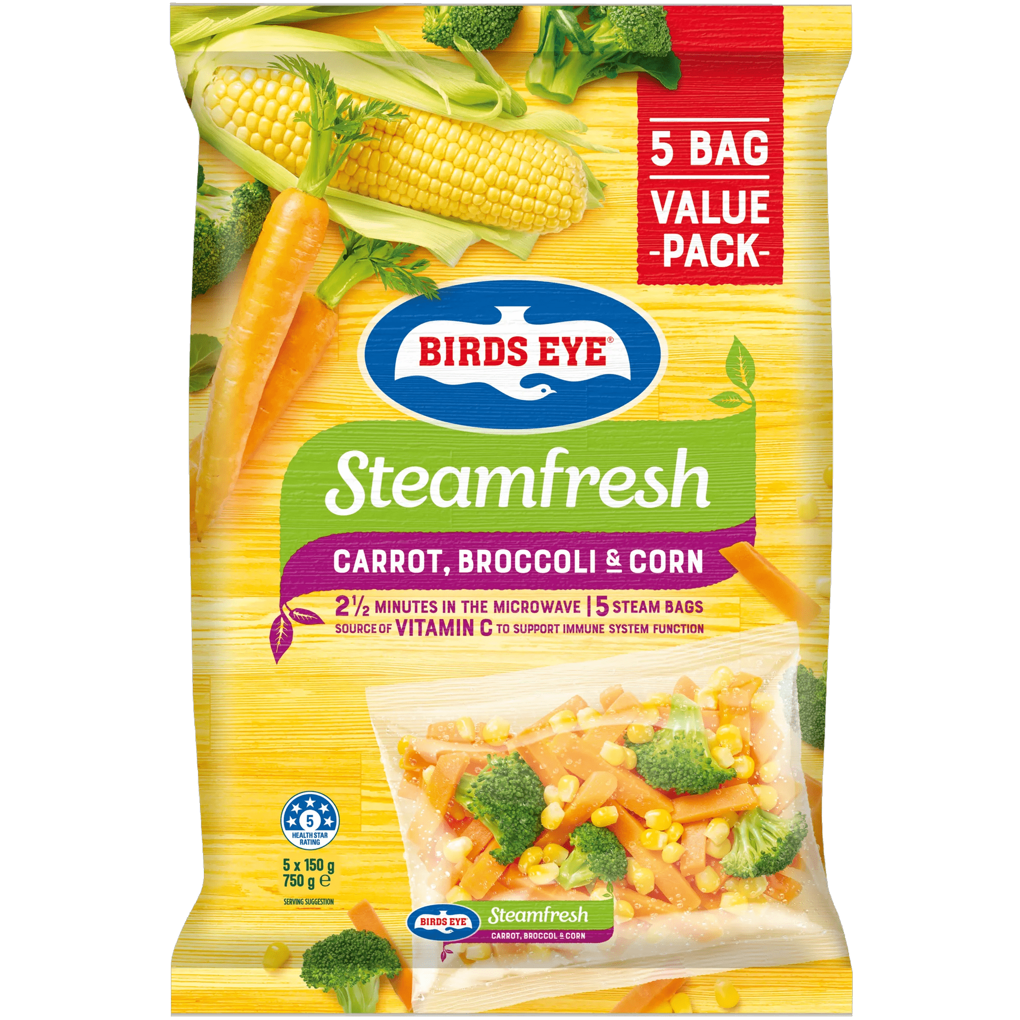 Birds Eye Steam fresh Carrot Broccoli and Corn 750 grams bagged