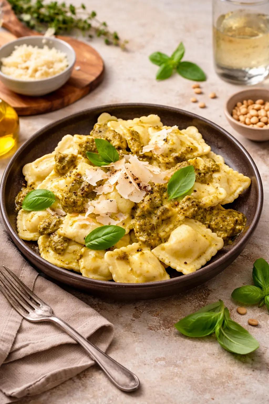 Basil Pesto Ravioli with Parmesan