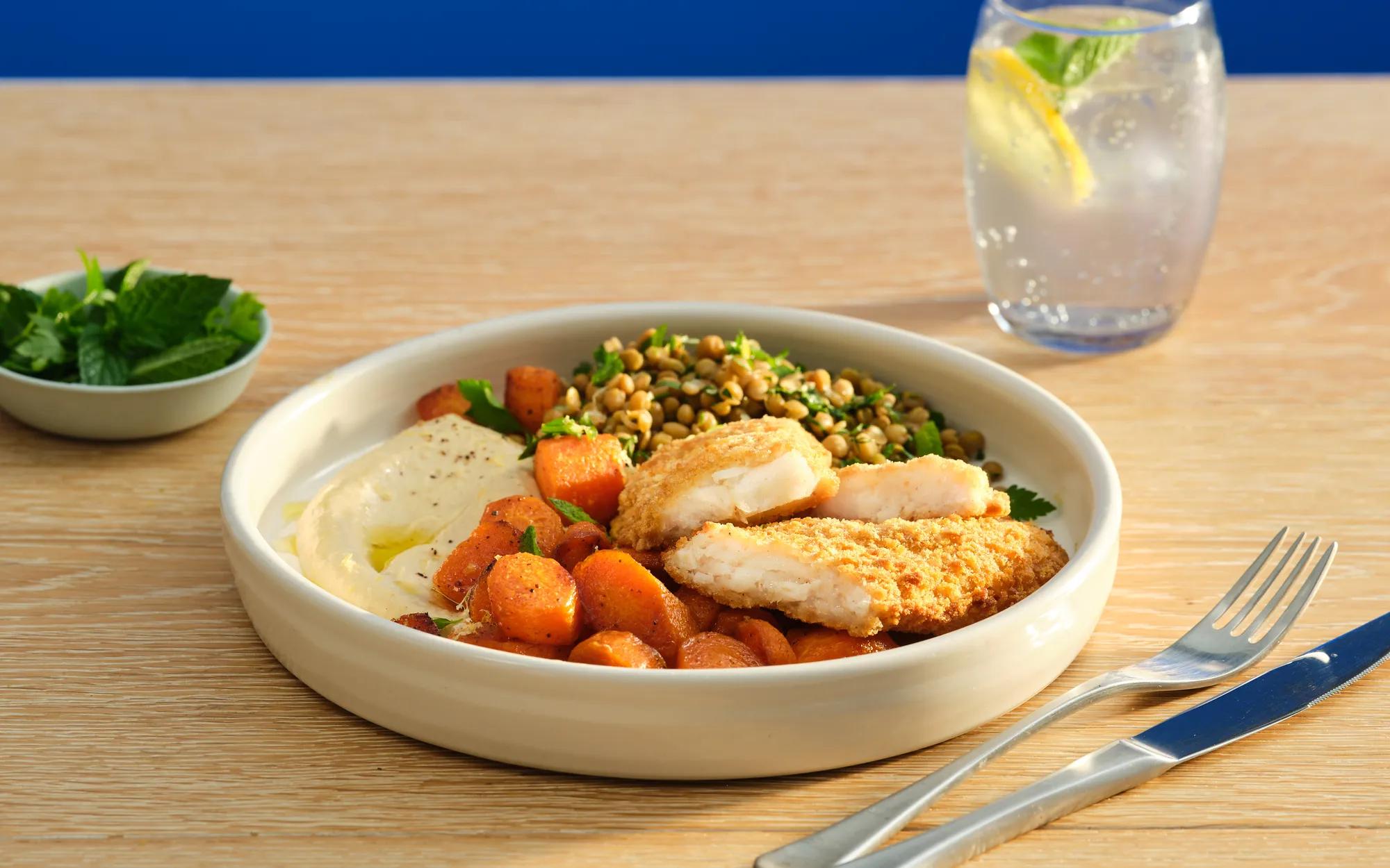 Whiting with Roasted Carrots & Lentils  
