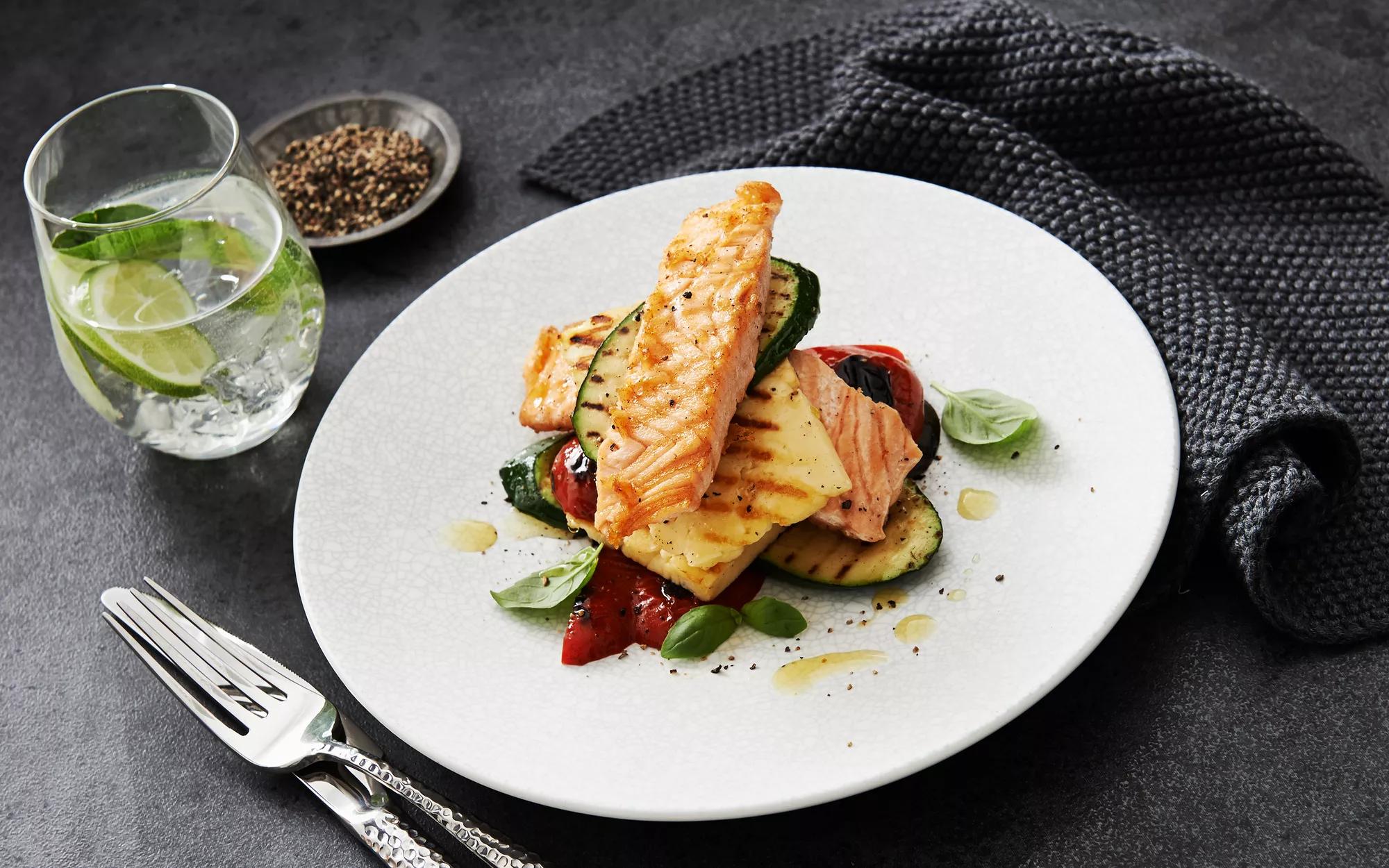 Grilled Haloumi & Salmon Stacks