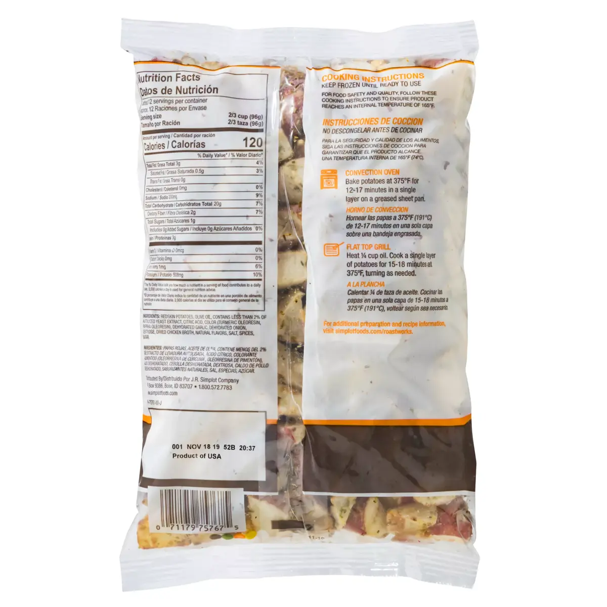 Simplot RoastWorks® Papas de cáscara roja rostizadas con romero, Reverso del paquete