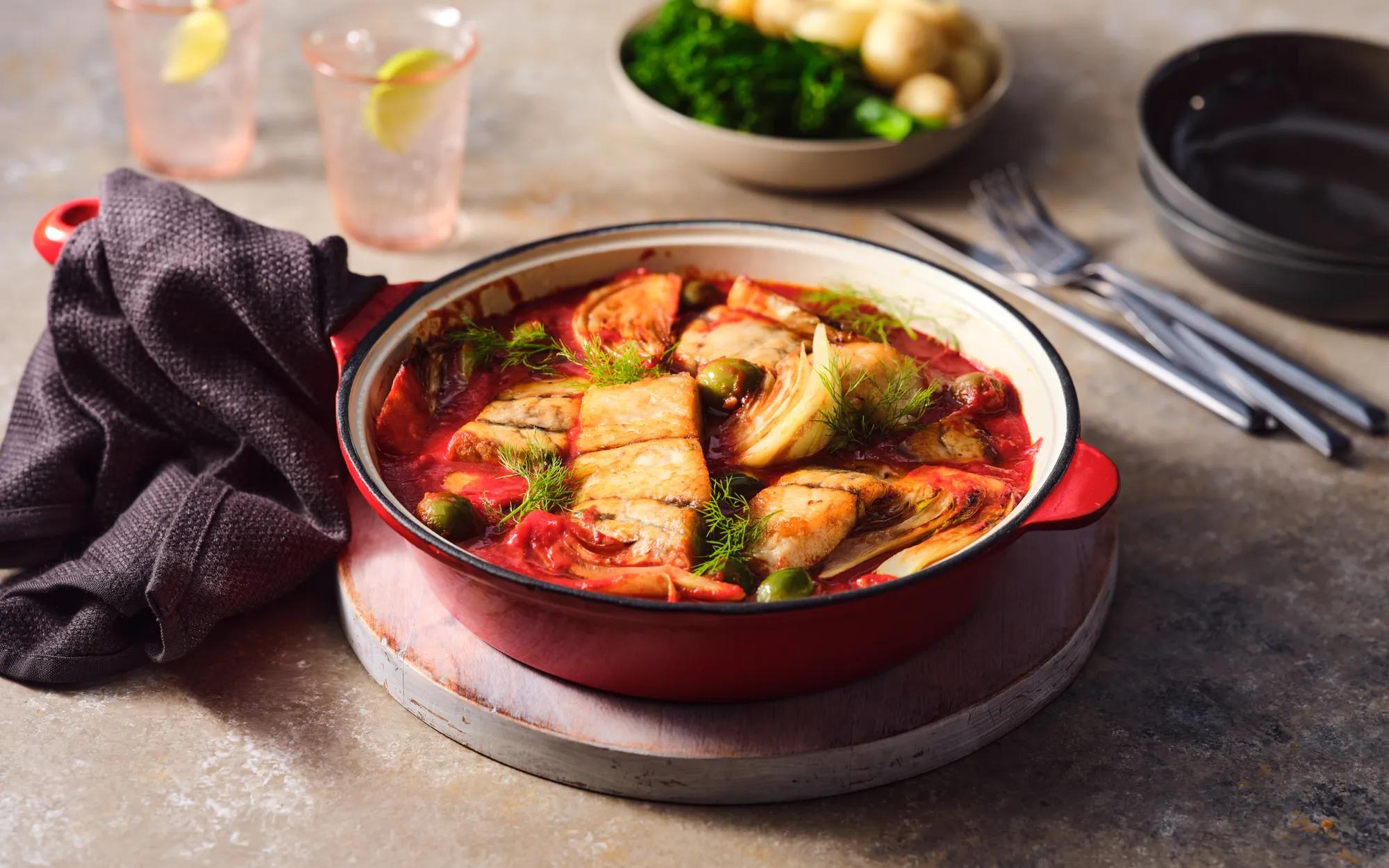 Baked Barra with Tomato and Olives