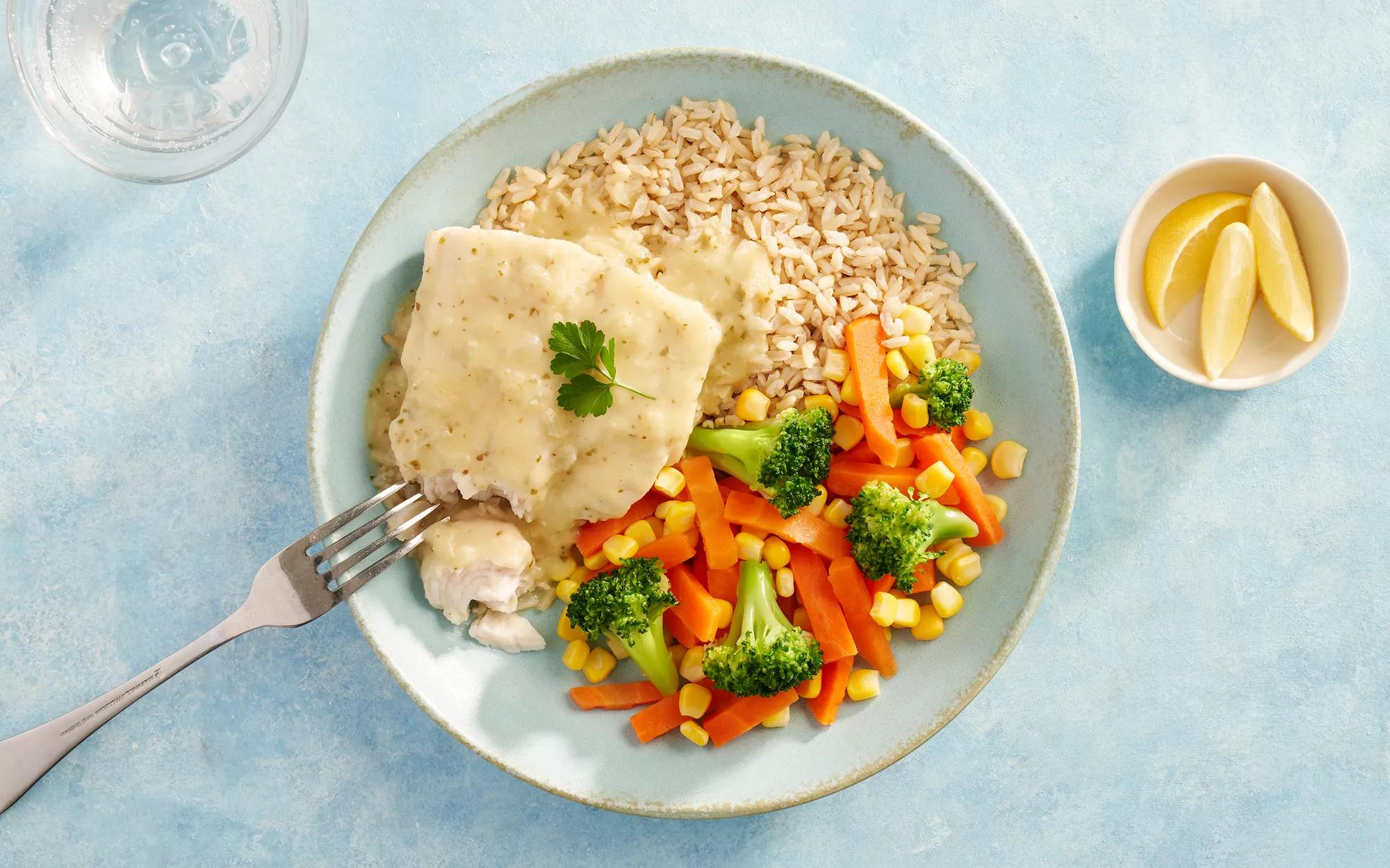 Saucy Fish with Rice and Veggies