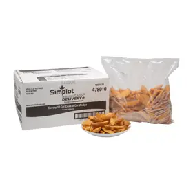 Simplot SeasonedCRISP® Delivery+® Savory Battered 10 Cut Crinkle Cut Wedges, Skin On, Styled