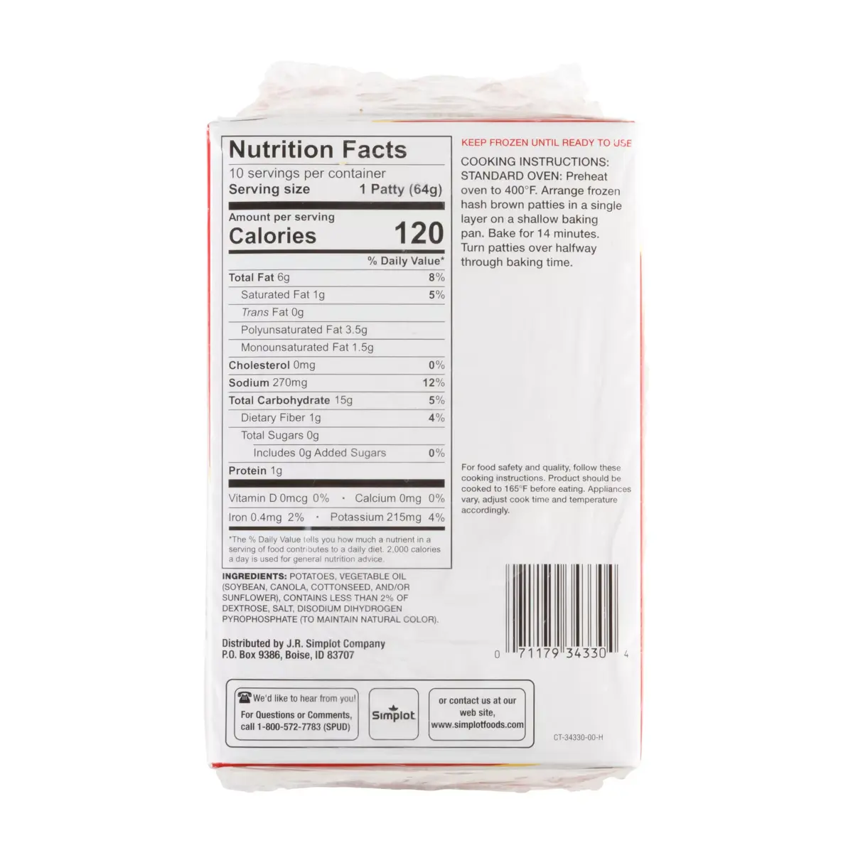 Simplot Traditional™ Potatoes Hash Brown Patties, Back Innerpack