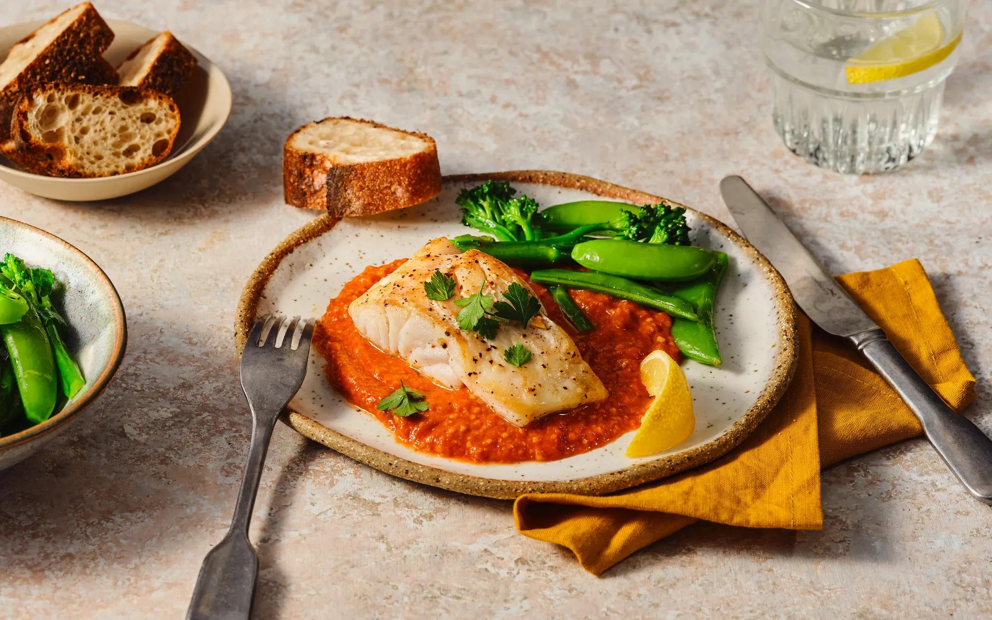 Crispy Fish with Romesco Style Sauce