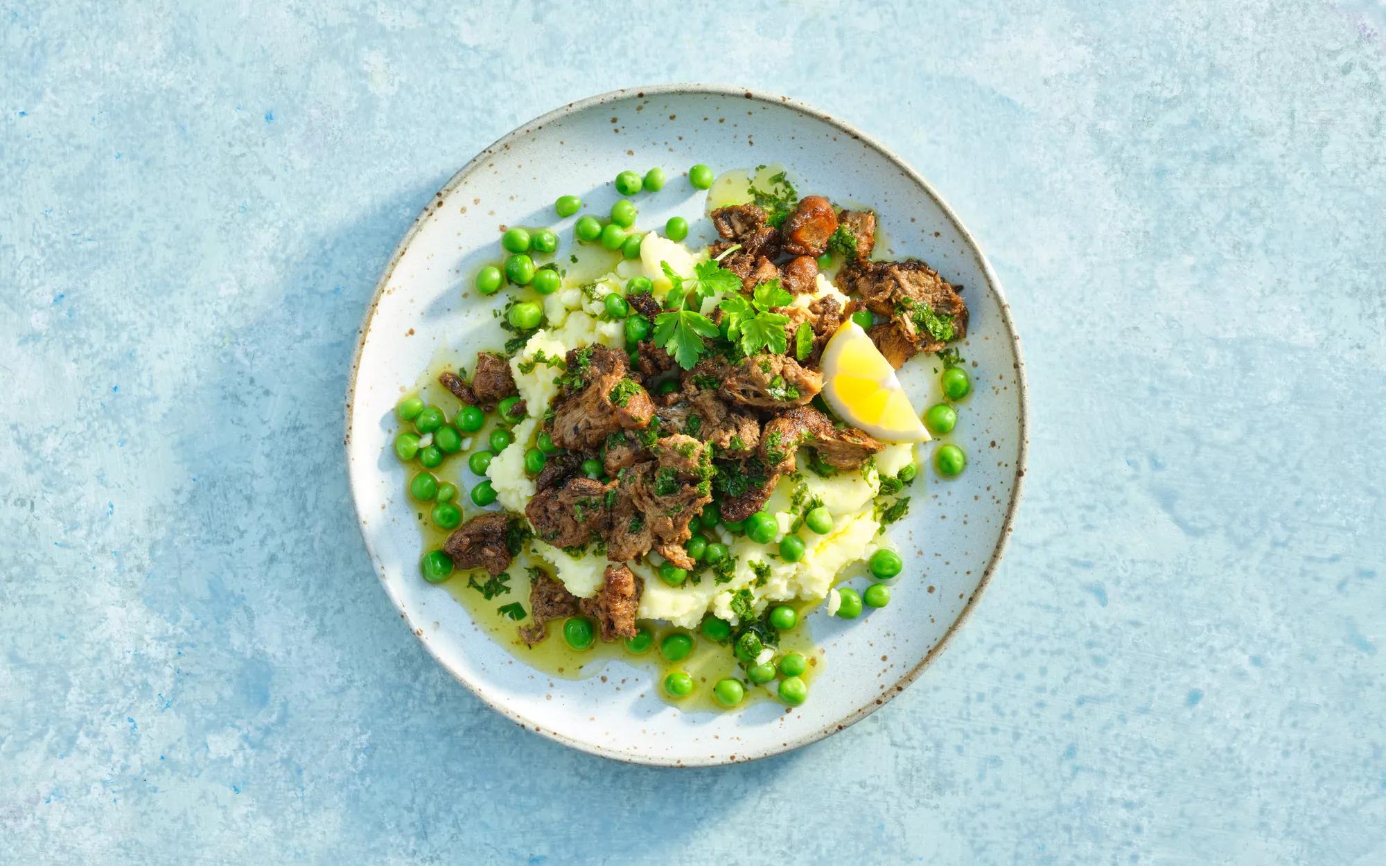 Plant Based Lamb with Garlic Peas and Mash