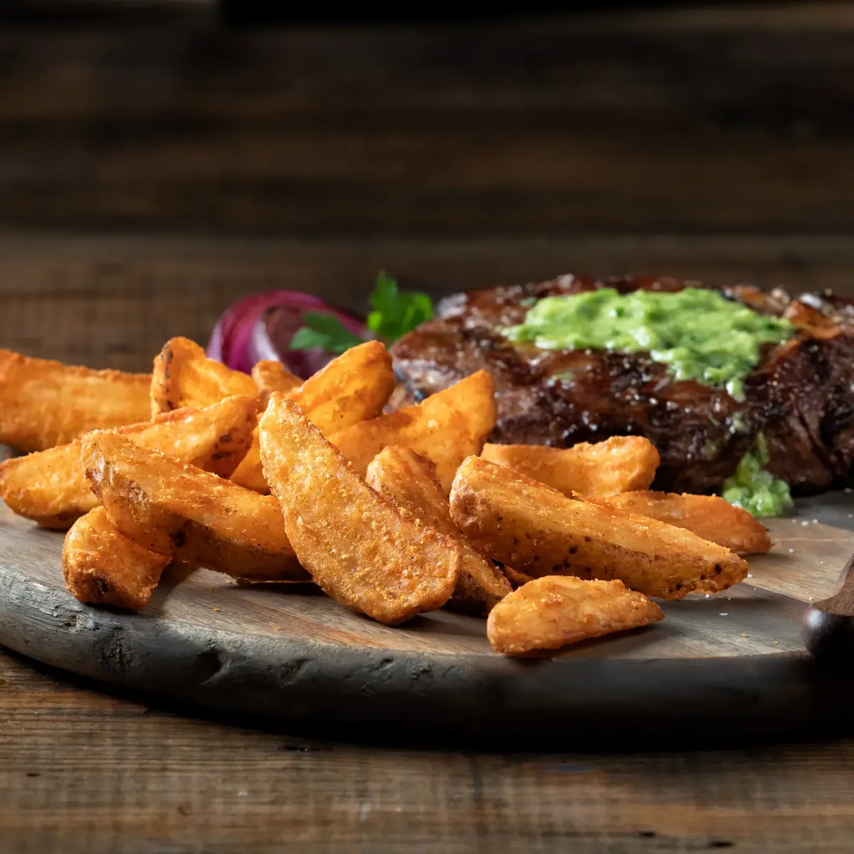Simplot SeasonedCRISP® Delivery+® Savory Battered 14 Cut Crinkle Cut Wedges, Skin On, Styled