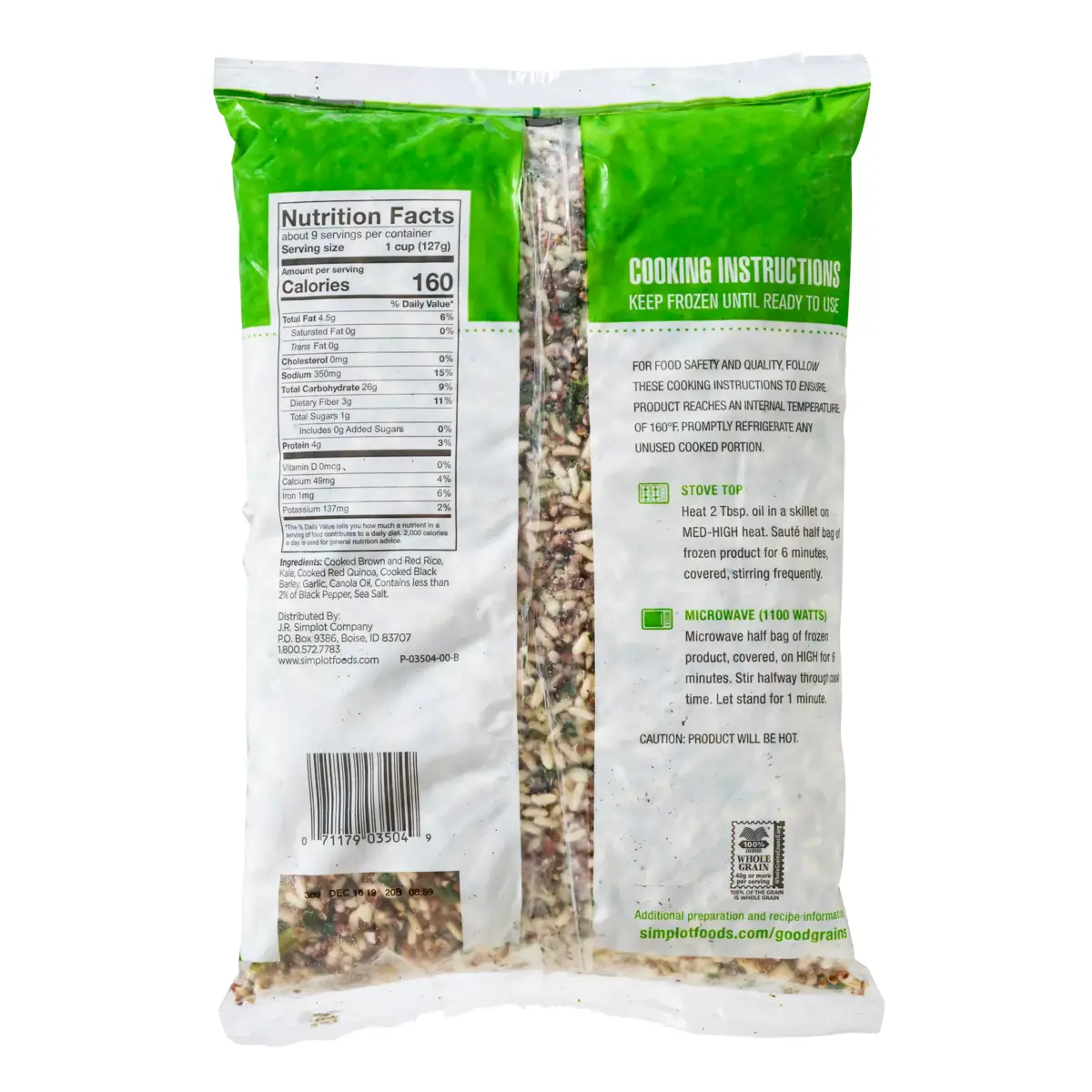 Simplot Good Grains™ Ancient Grains and Kale Blend, Back Innerpack