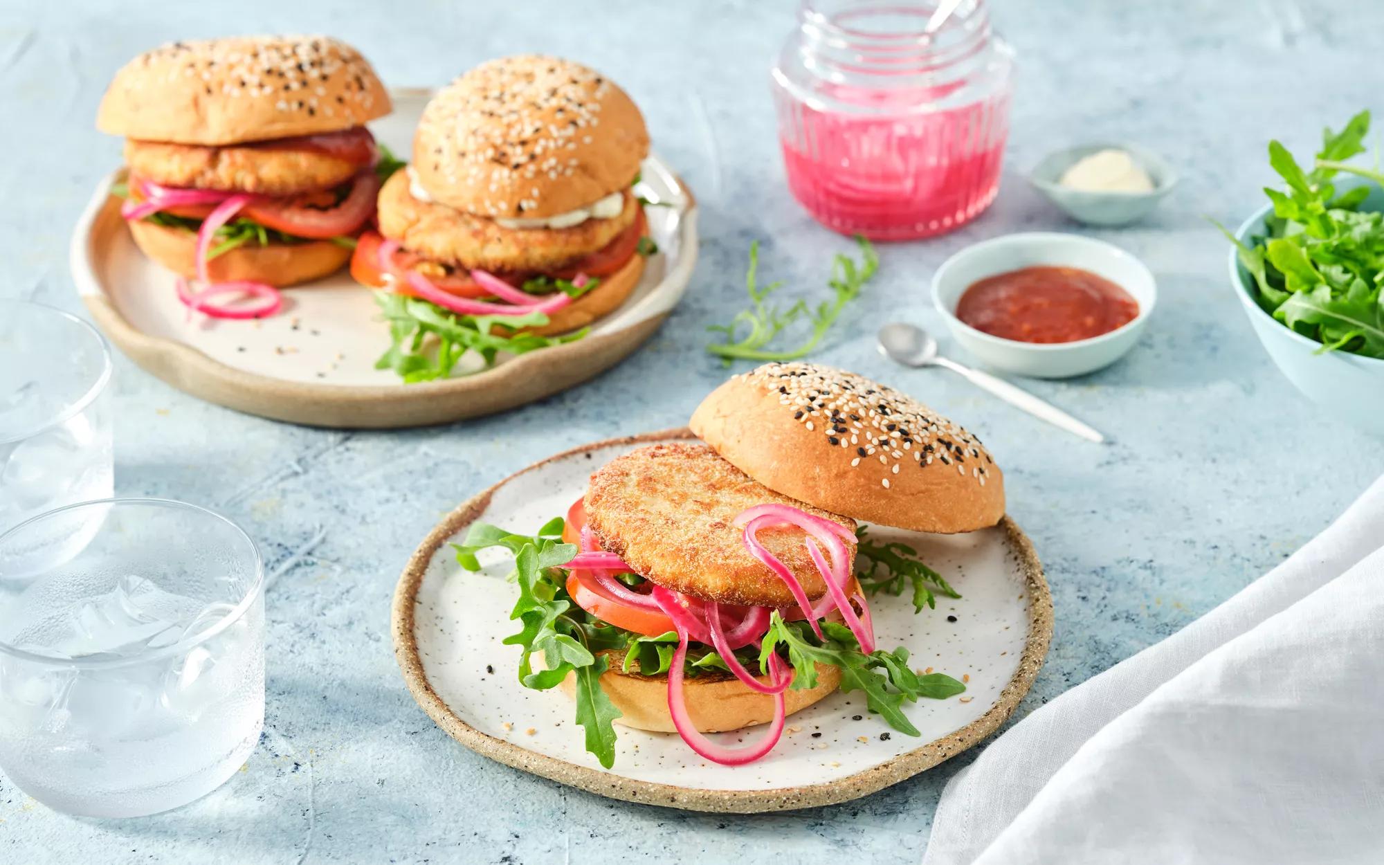 Chicken Style Burger with Rocket, Tomato & Pickled Red Onion