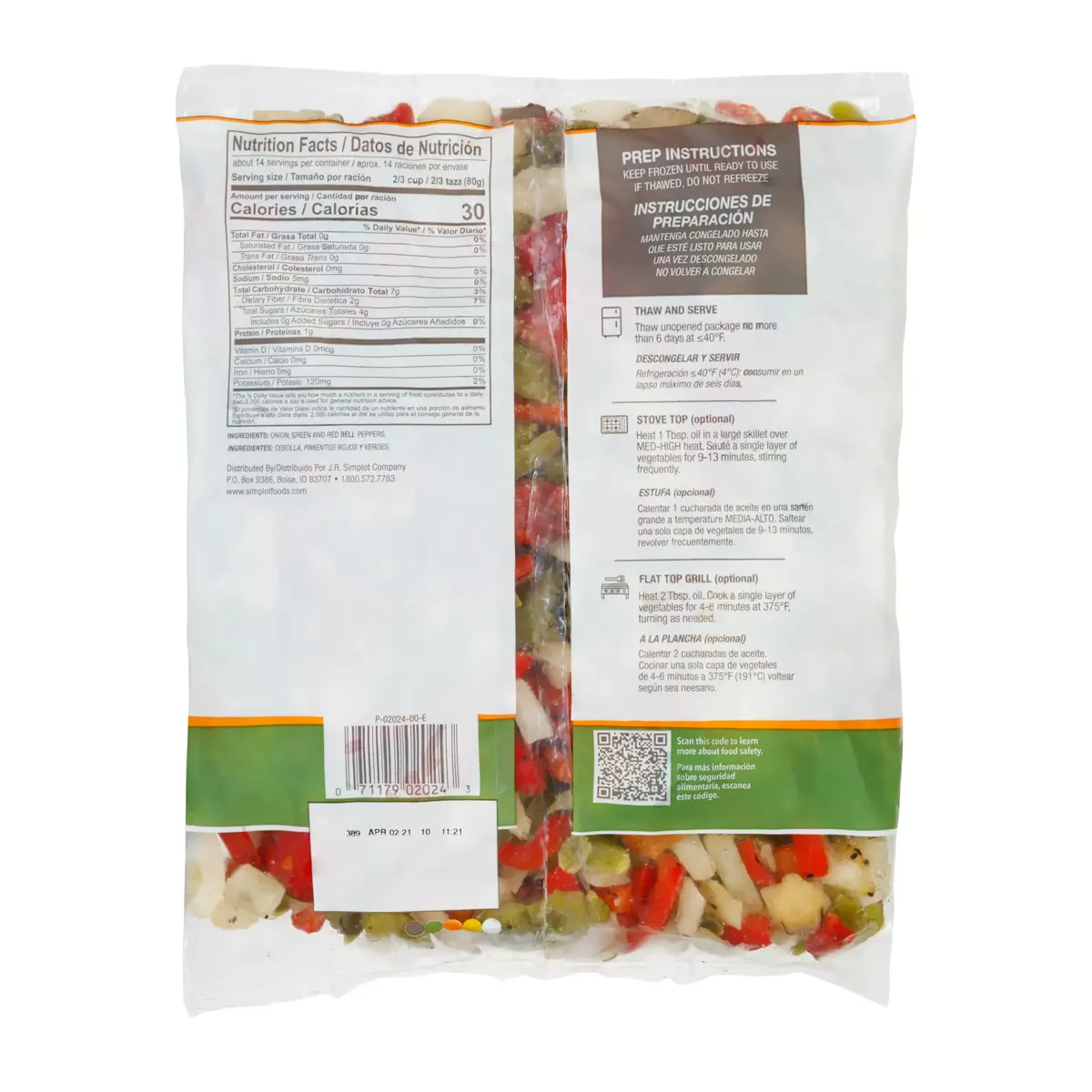 Simplot RoastWorks® RTE Flame-Roasted Unseasoned Peppers & Onions Blend, Back Innerpack