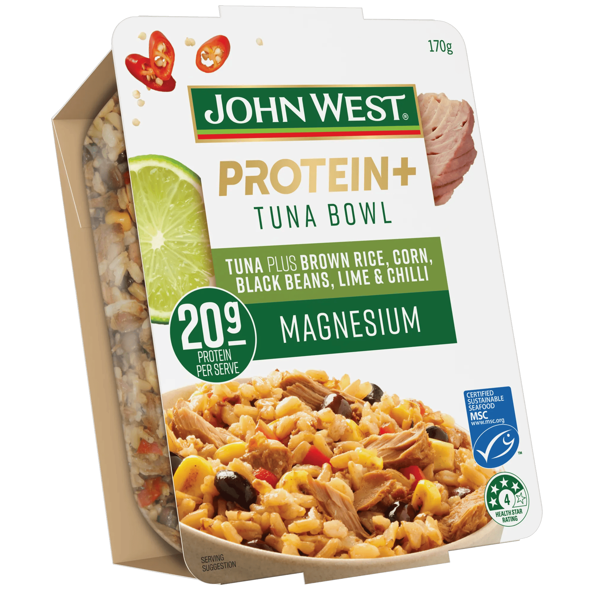 John West Tuna with Brown Rice Chargrilled Corn Black Bean and Lime 170g, Tub