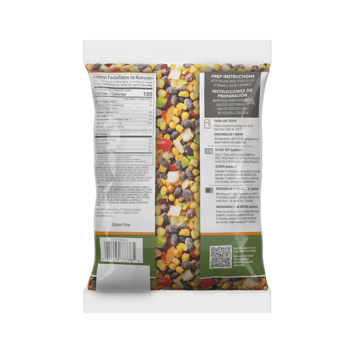 Simplot RoastWorks® RTE Flame-Roasted Corn and Black Bean Fiesta Blend, Back Innerpack