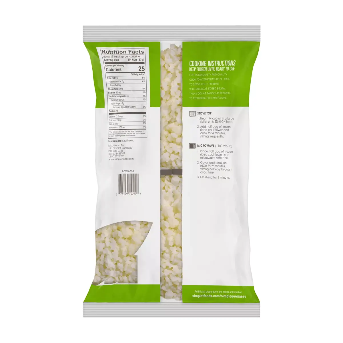 Simplot Simple Goodness™ Riced Cauliflower, Back Innerpack