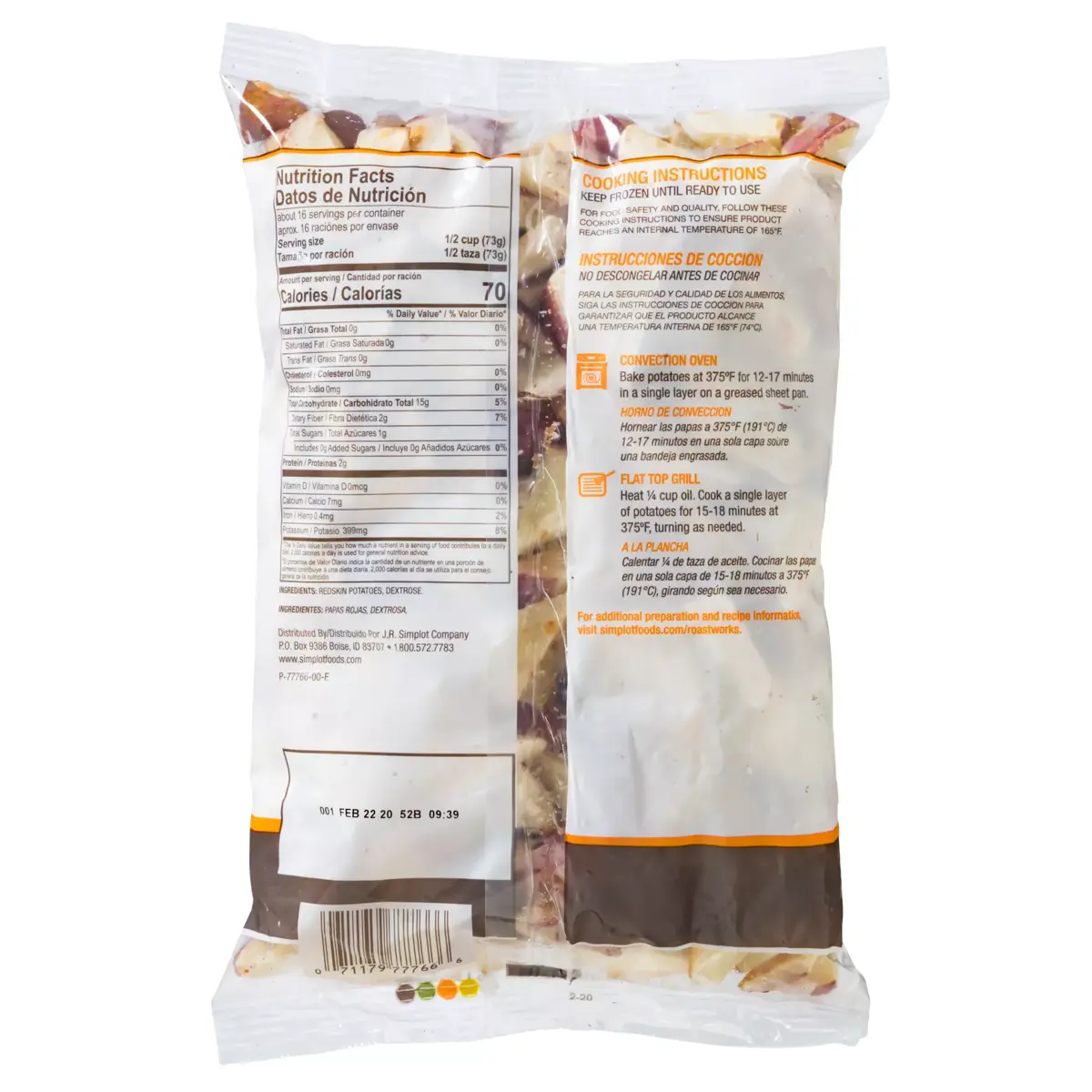 Simplot RoastWorks® Roasted Redskin Potatoes, Back Innerpack
