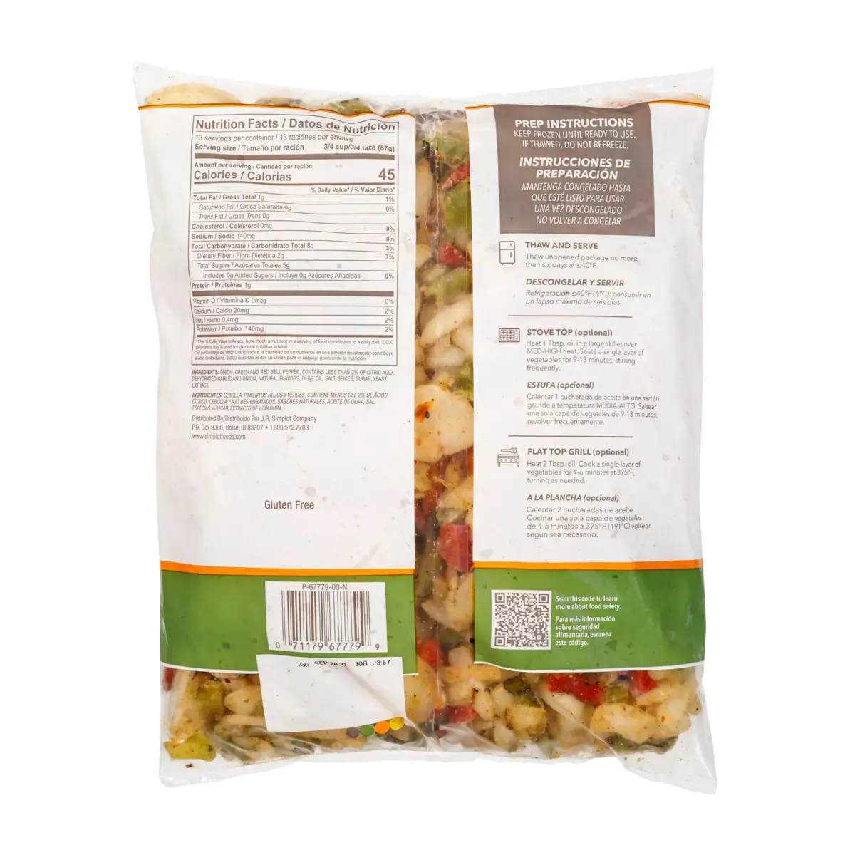 Simplot RoastWorks® RTE Flame-Roasted Peppers & Onions Blend, Back Innerpack