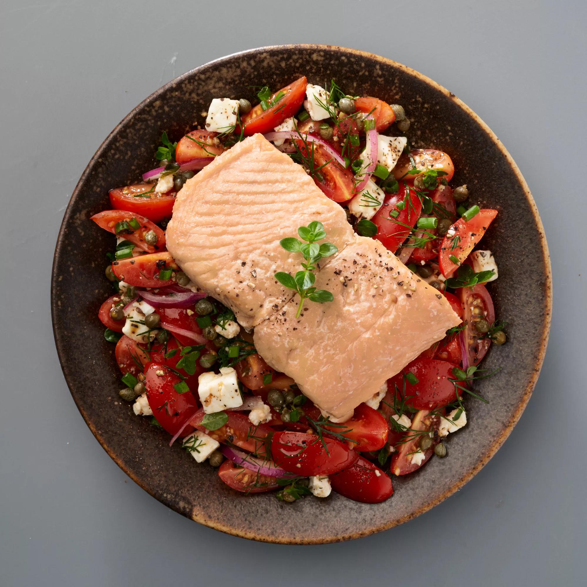 Cherry Tomato and Caramelised Onion Salmon with Mediterranean Style Salad