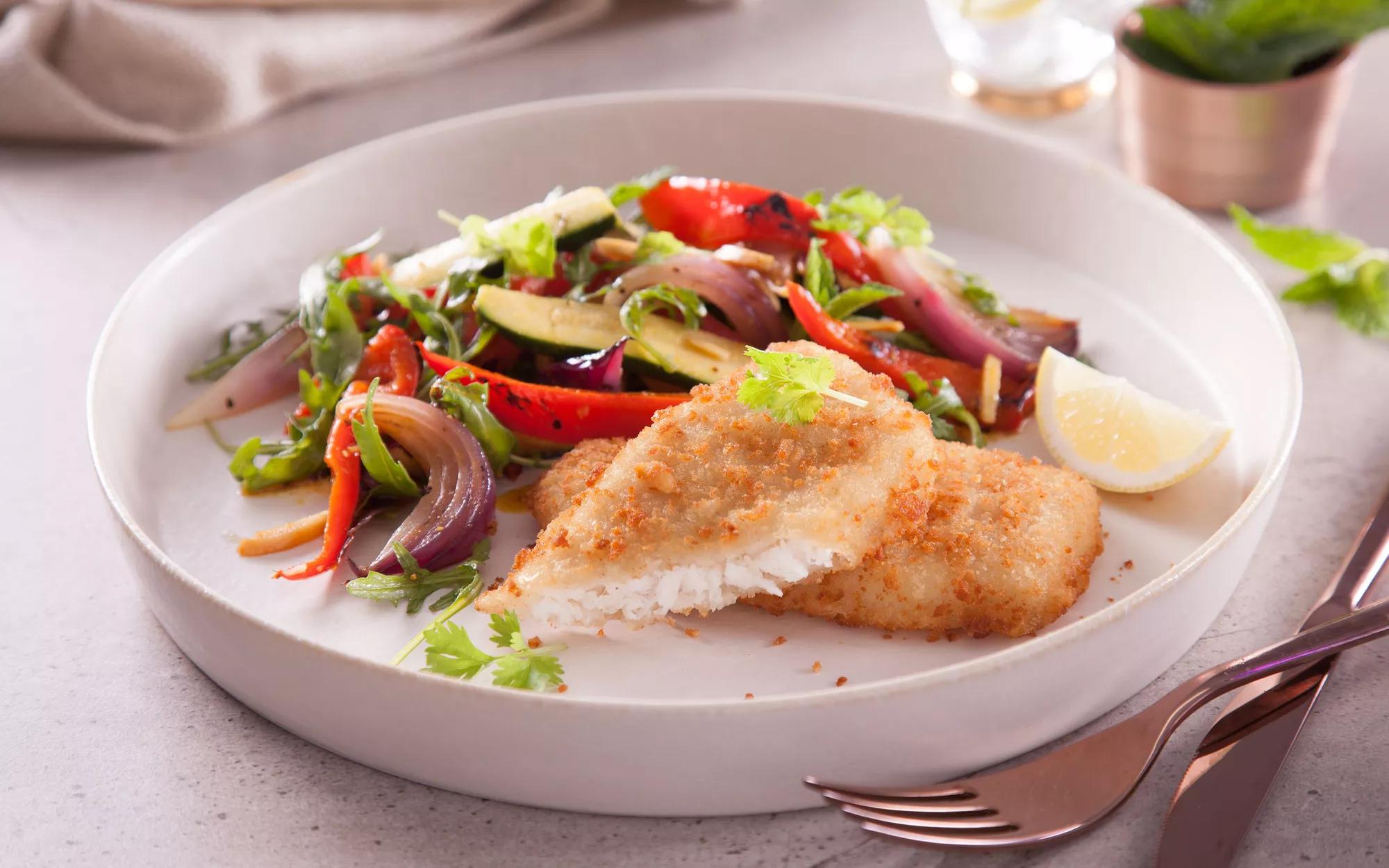 Lemon Crumbed Fish With Fragrant Vegetables