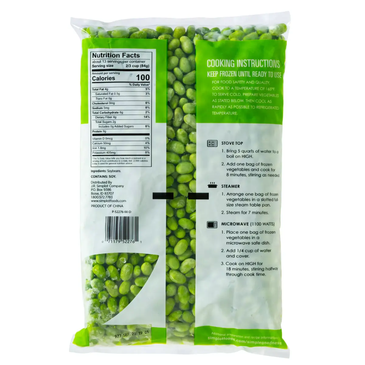 Simplot Simple Goodness™ Shelled Edamame, Back Innerpack
