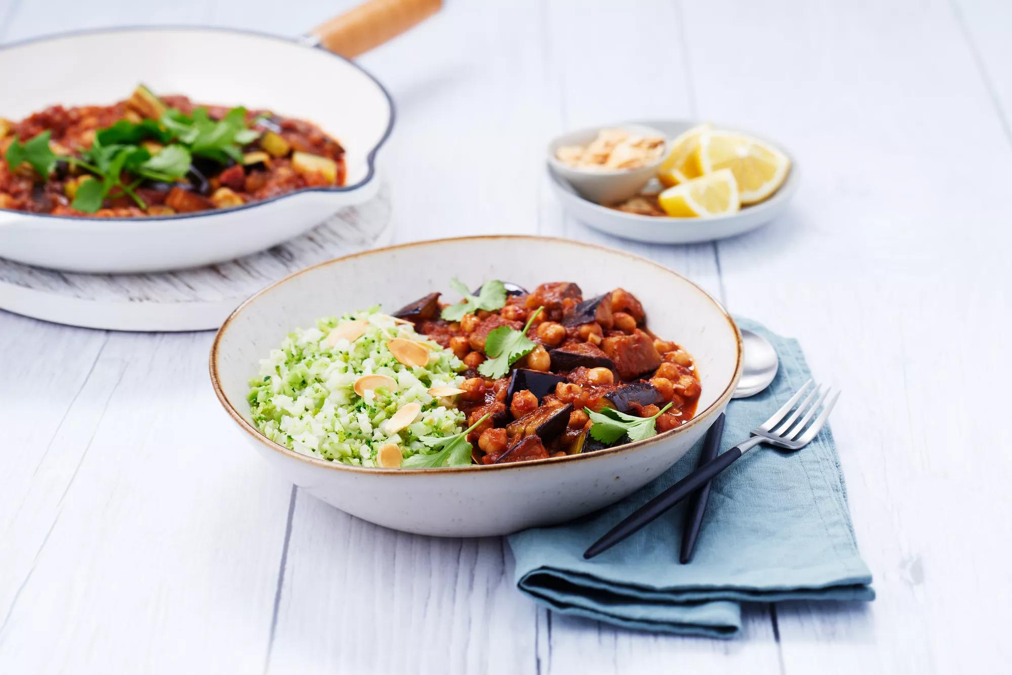 Chick Pea & Eggplant Braise With Broccoli & Cauliflower Rice