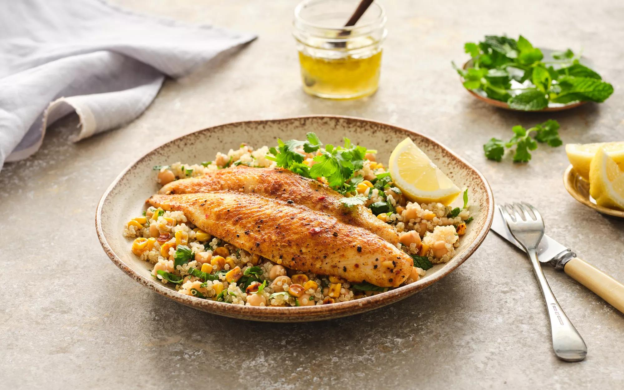 Moroccan Fish With Charred Corn Quinoa Salad